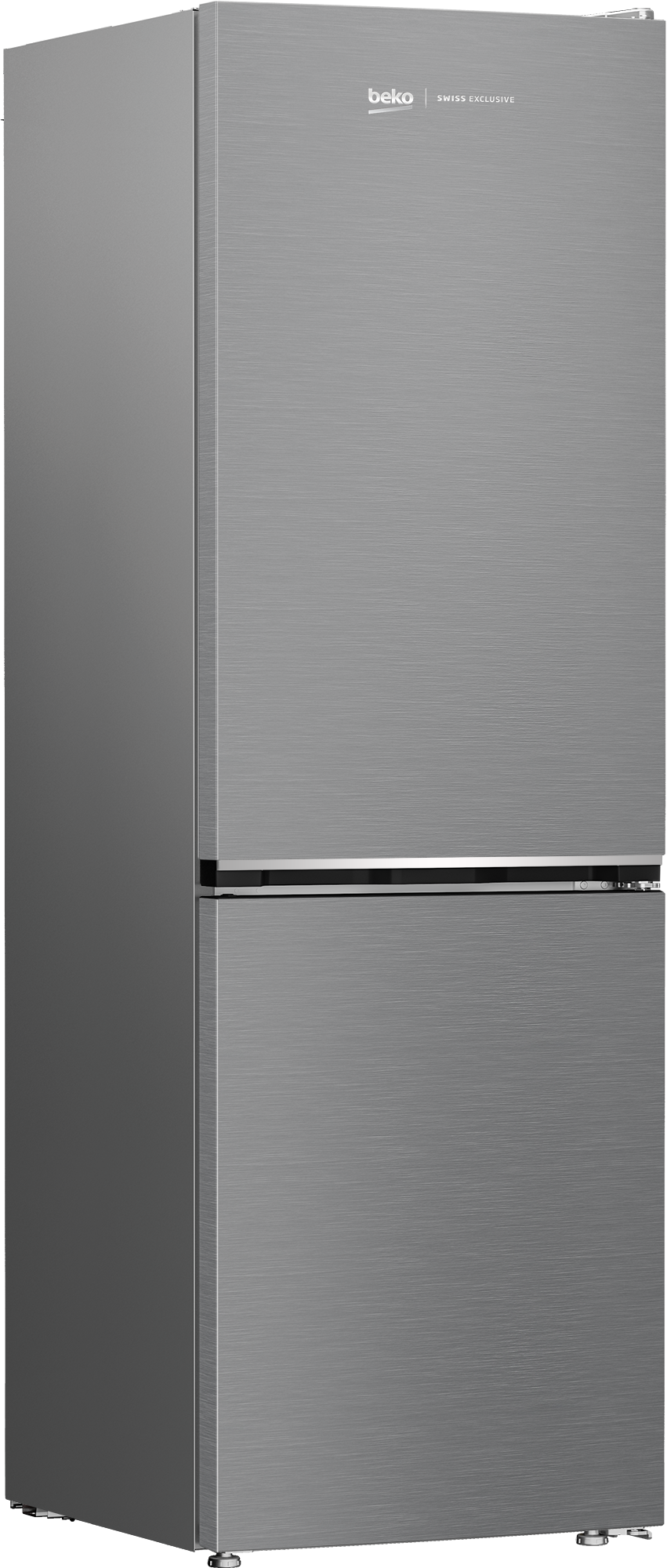Ein hoher, silberner Beko-Kühlschrank. Er hat zwei Türen, ein Gefrierfach unten.