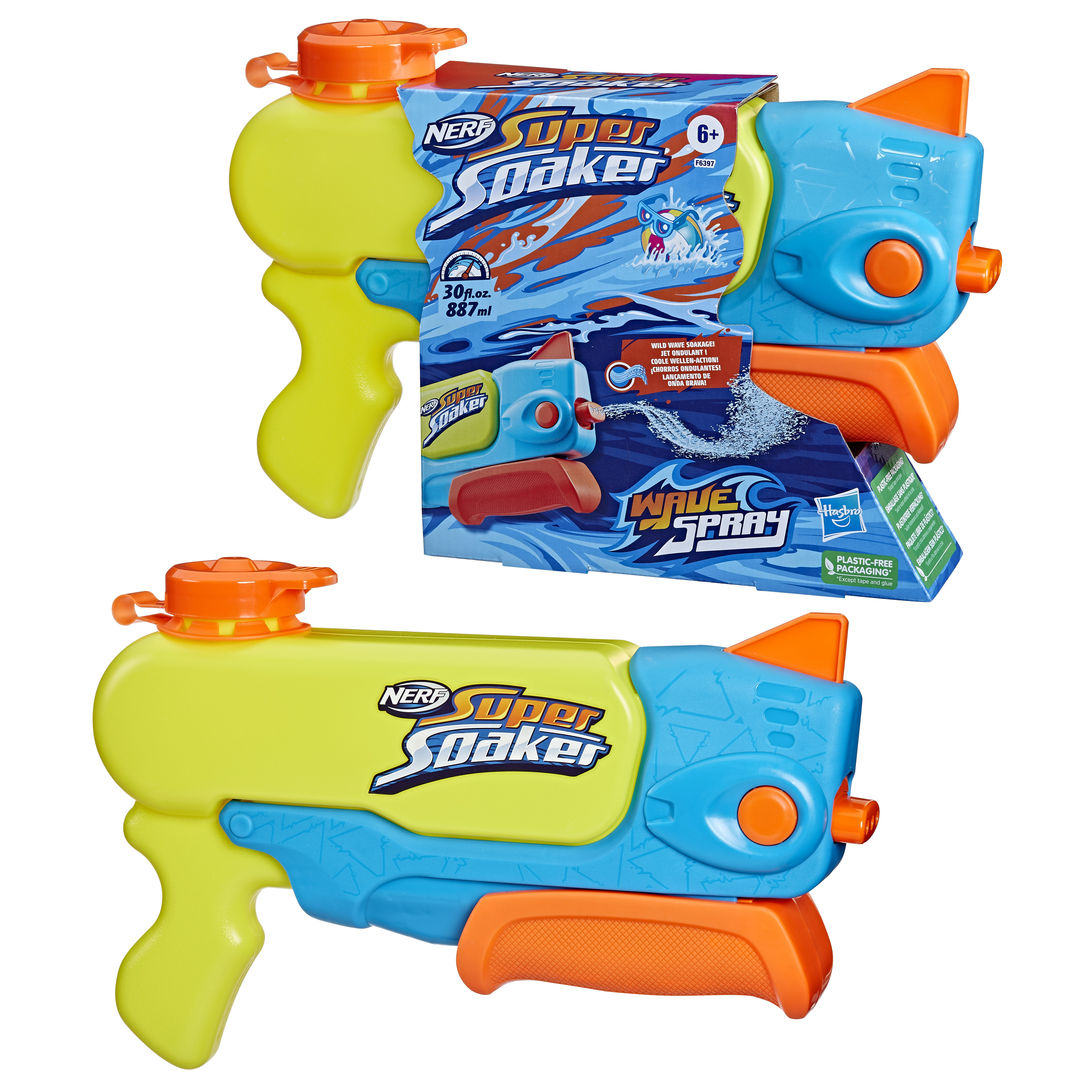 Zwei Wasserpistolen mit Verpackung. Eine ist blau und gelb, die andere ähnlich.