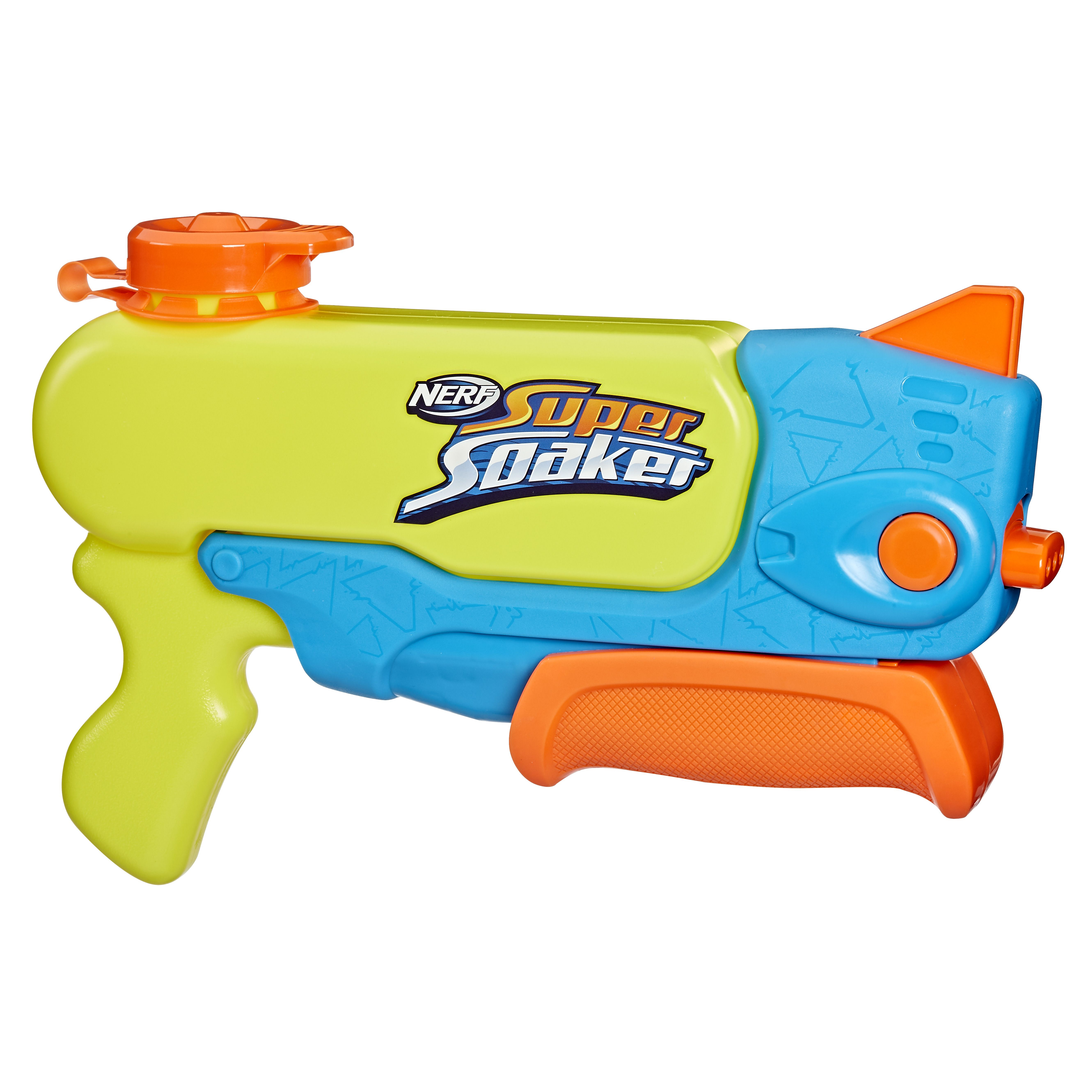 Eine bunte Nerf Super Soaker Wasserpistole. Sie hat einen grünen Körper, blaue Akzente und orangefarbene Details.