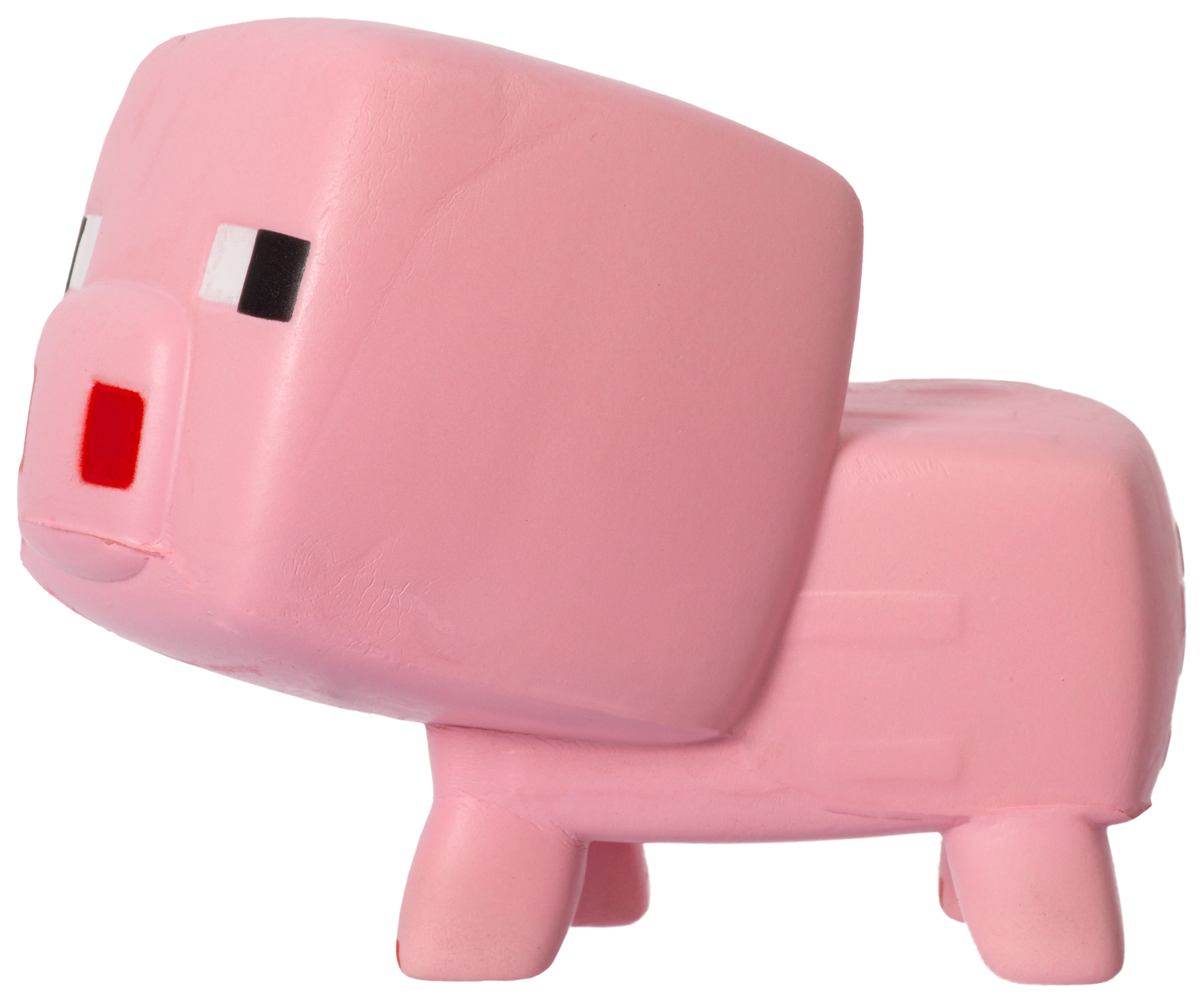 Rosa, blockartiges Minecraft-Schweinespielzeug, Seitenansicht, auf vier Beinen stehend. Merkmale: weiße und schwarze Augen.