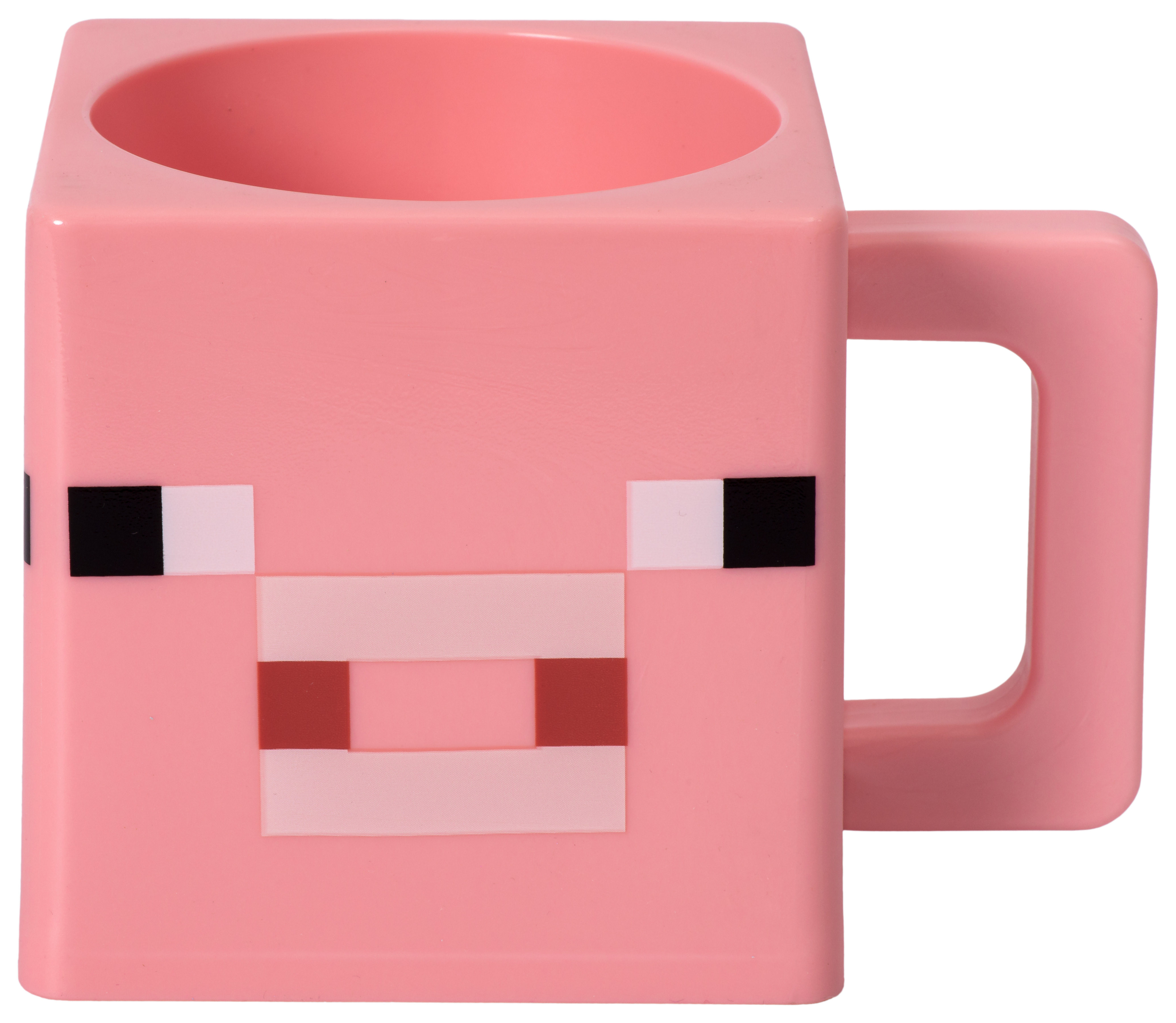 Rosa Minecraft-Tasse, geformt wie ein Schweinekopf mit quadratischem Griff. Es ist rosa mit schwarzen und roten Details.