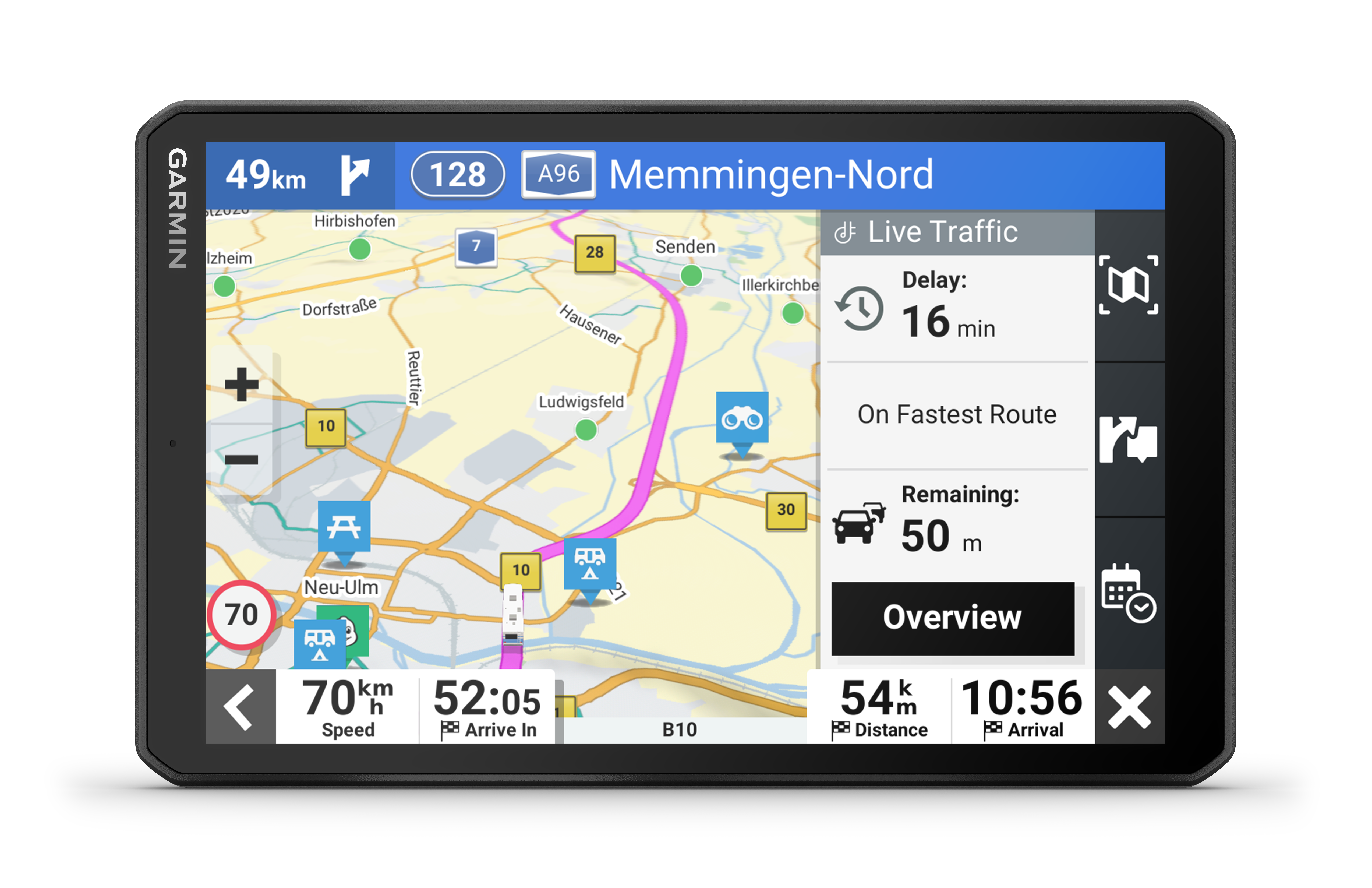 Garmin GPS-Gerät zeigt Navigationskarte mit Routeninformationen und Live-Verkehrsdaten.