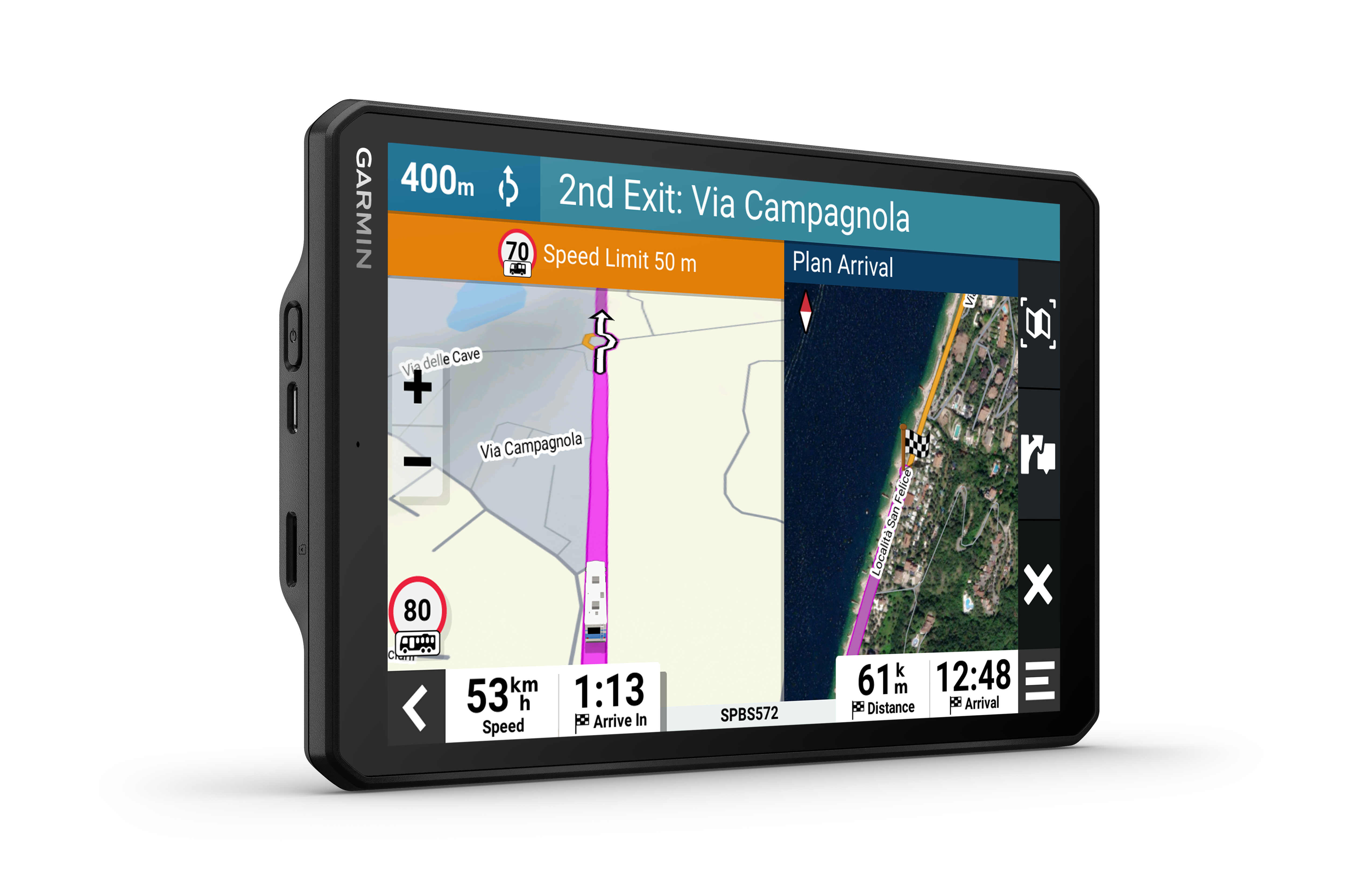 GPS-Gerät mit Karte, Geschwindigkeit und Ankunftszeit. Der Bildschirm ist angewinkelt.