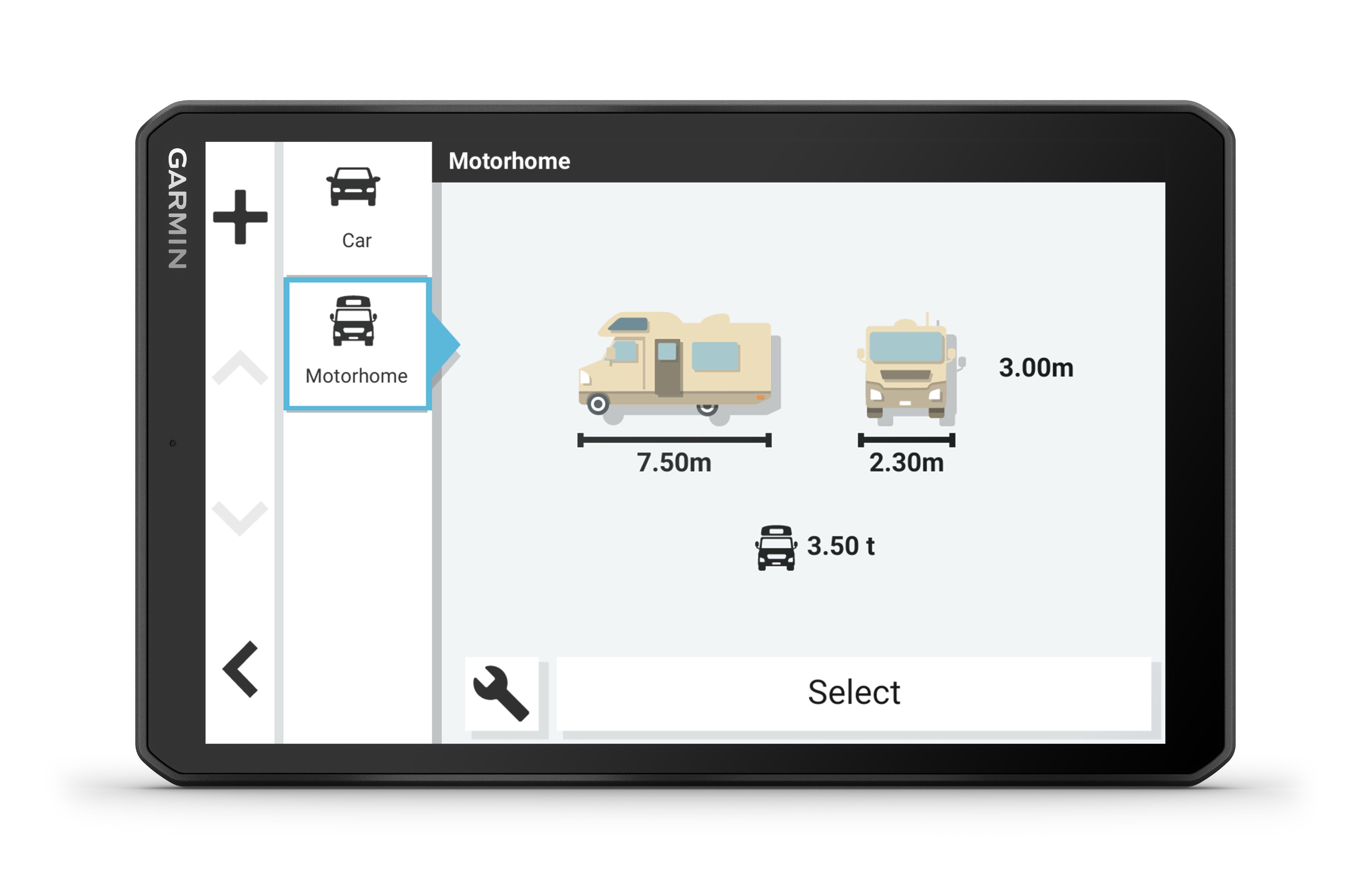 Garmin-Gerät zeigt Motorhome-Auswahl. Motorhome-Symbol ausgewählt, neben einem Autosymbol.
