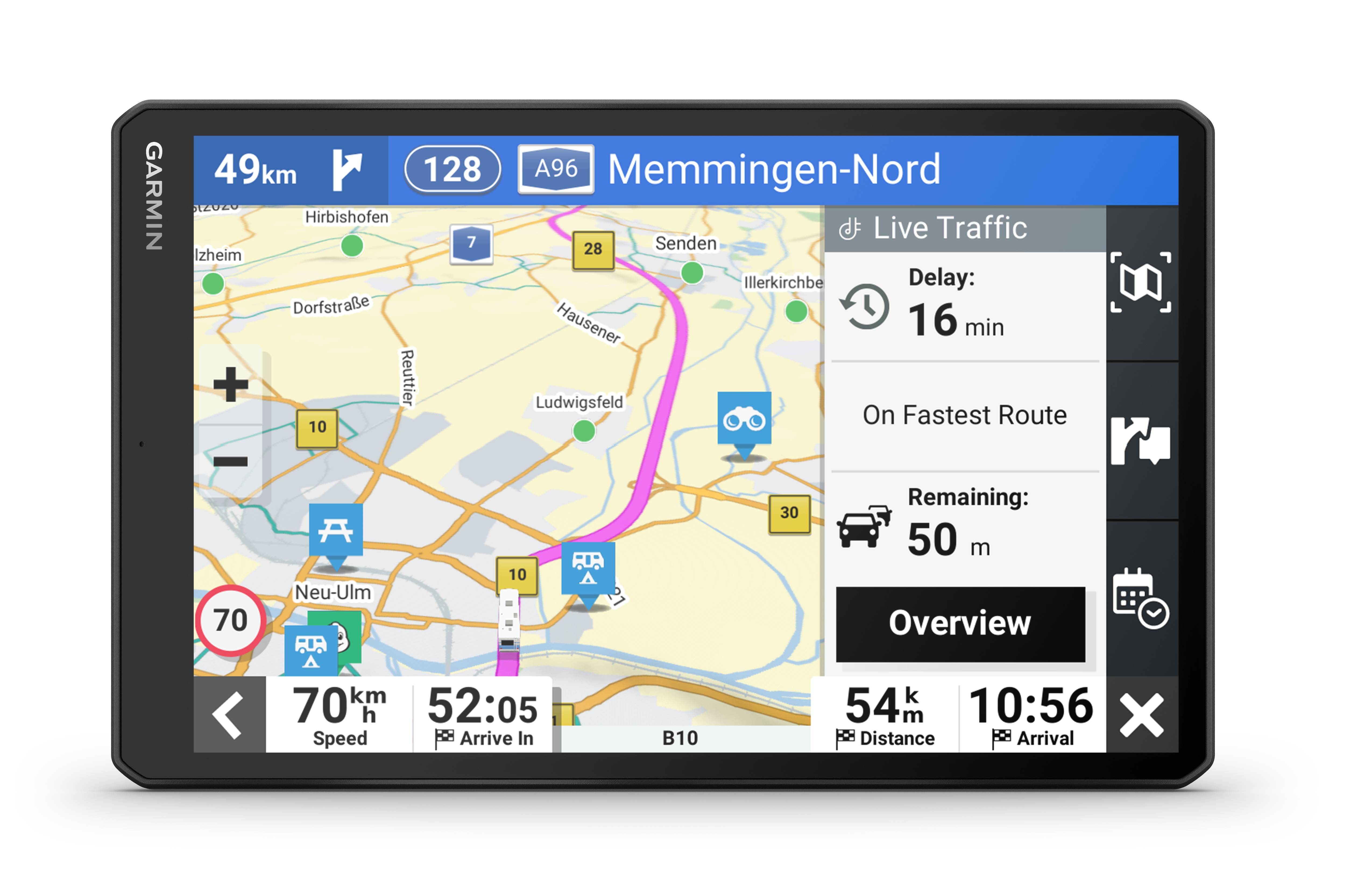 Garmin GPS-Gerät, das eine Karte mit Navigationsdetails zeigt, mit schwarzem Hintergrund.