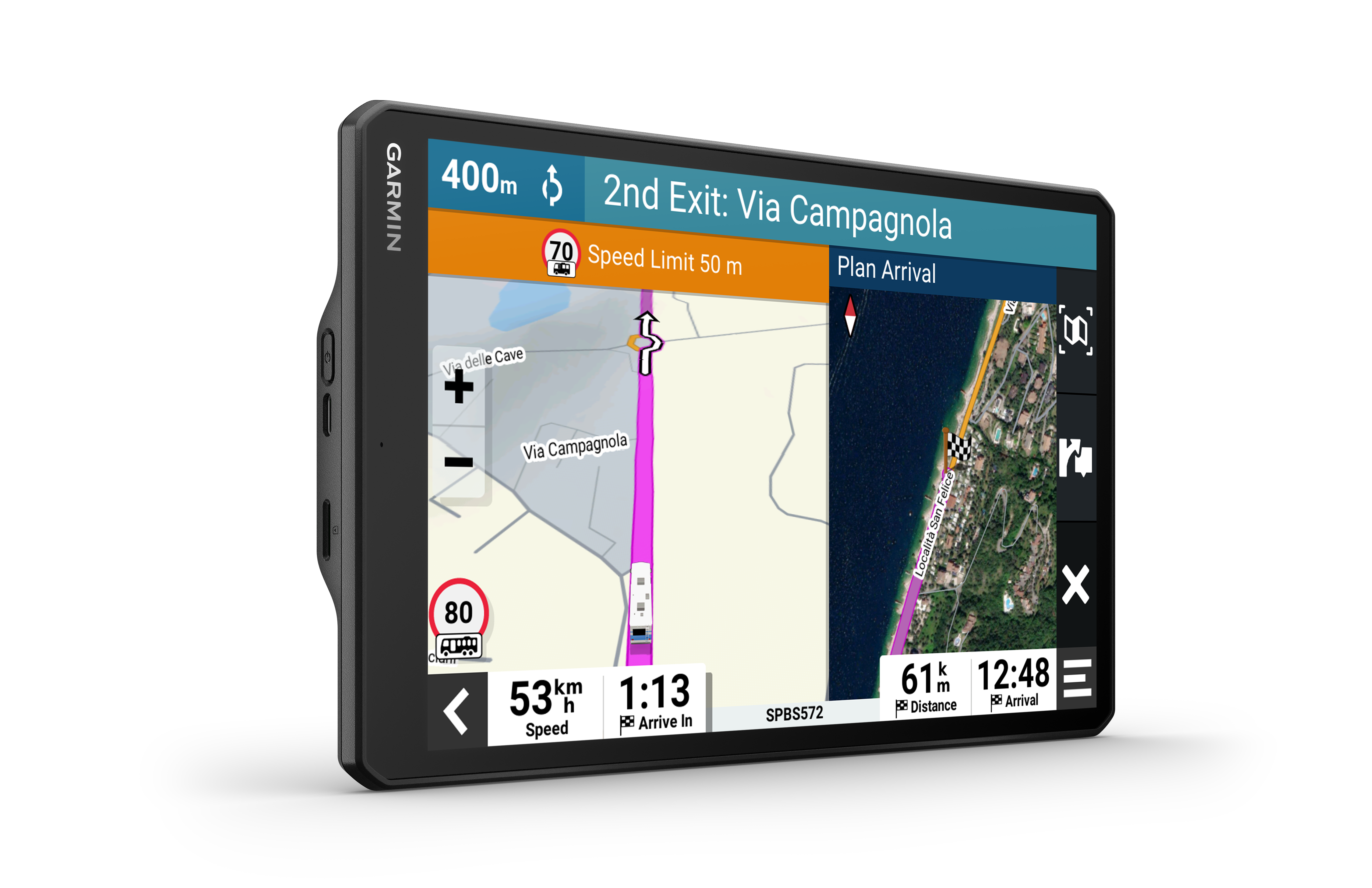 Garmin GPS-Gerät, das eine Routenkarte mit Navigationsdetails anzeigt.