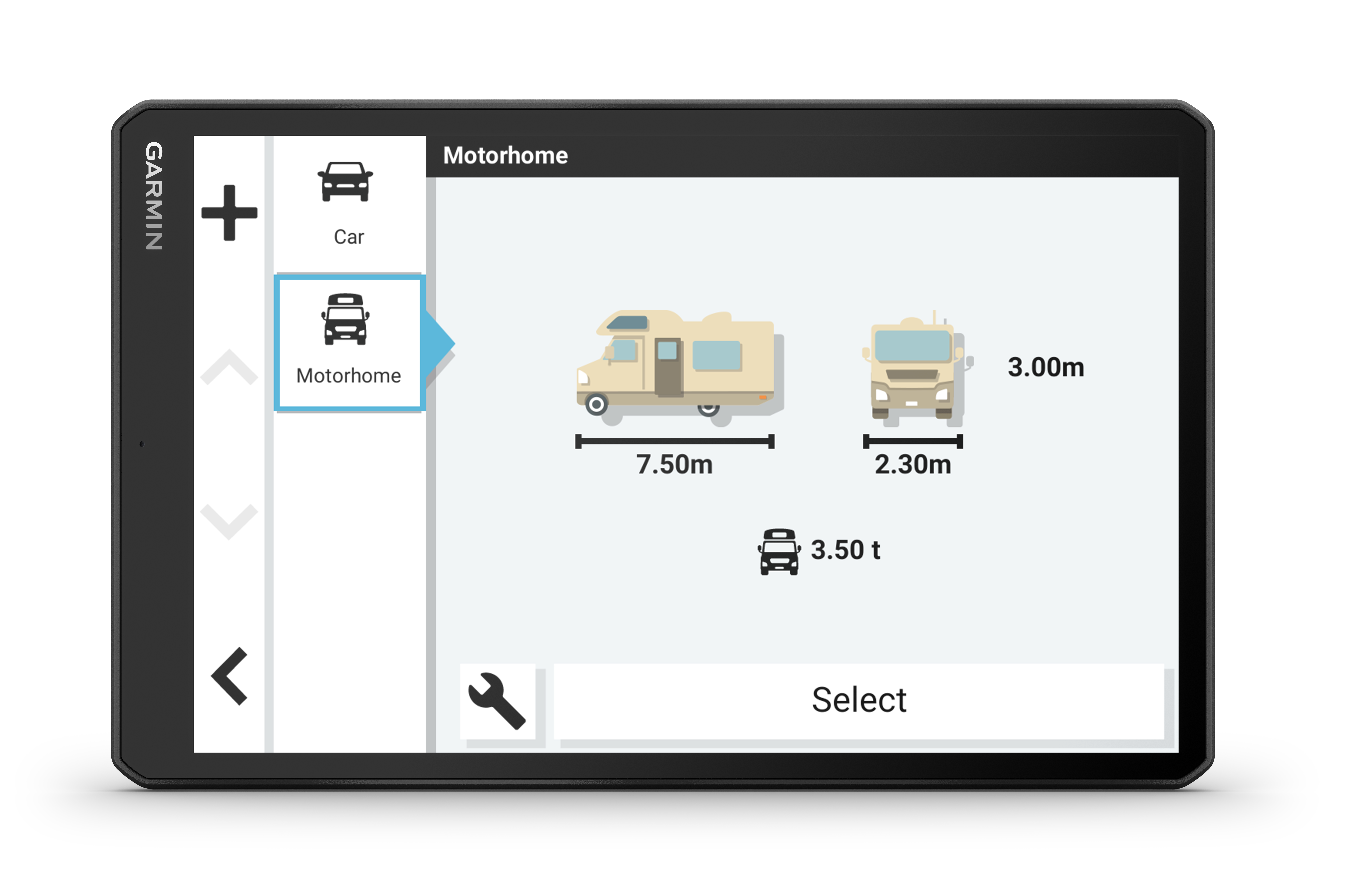 Garmin GPS-Bildschirm mit Wohnmobil-Symbol, Auto- und LKW-Symbolen und Abmessungen.