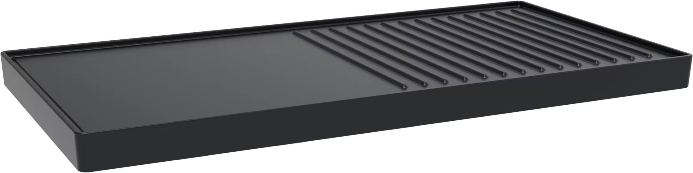 Griglia nera, metà liscia, metà con scanalature, su sfondo bianco.