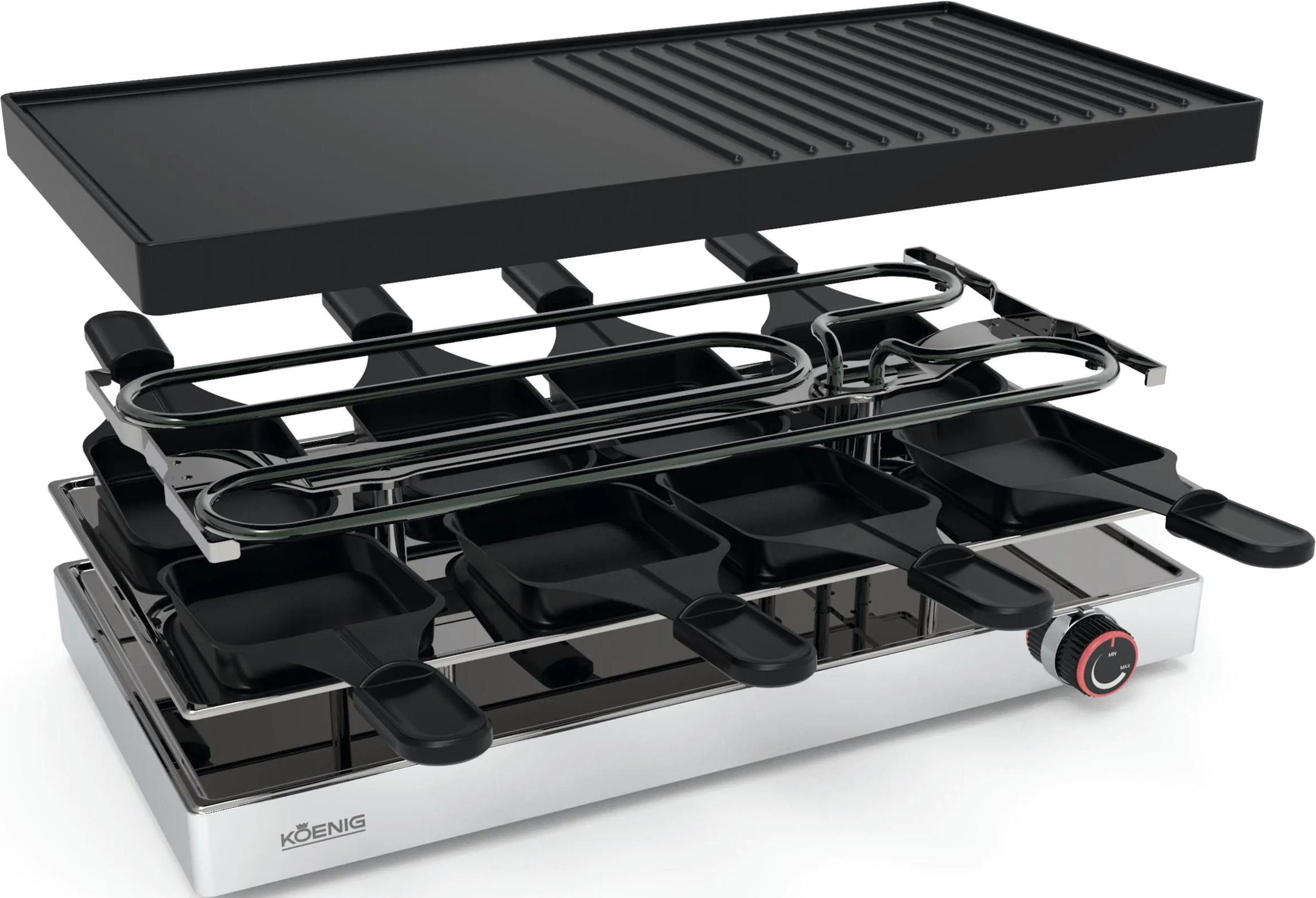 Griglia per raclette smontata con superfici di cottura nere ed elementi riscaldanti in metallo.