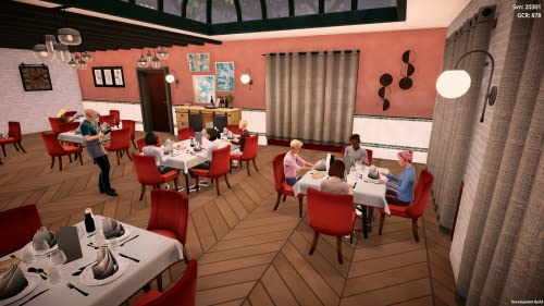 Interior de restaurante con mesas, sillas y personas. Sillas rojas y luz cálida.