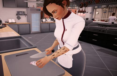 Un chef en una cocina corta comida en una tabla. La escena se desarrolla en una cocina.