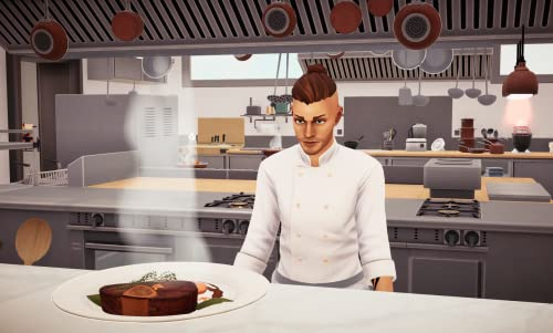 Chef de cocina de pie en un mostrador con un plato de comida, fondo de cocina.