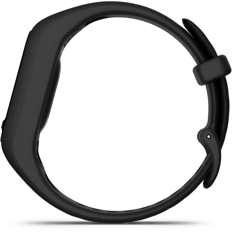 Zwarte Garmin smartwatch. De horlogeband is zwart en wikkelt zich in een cirkelvorm.