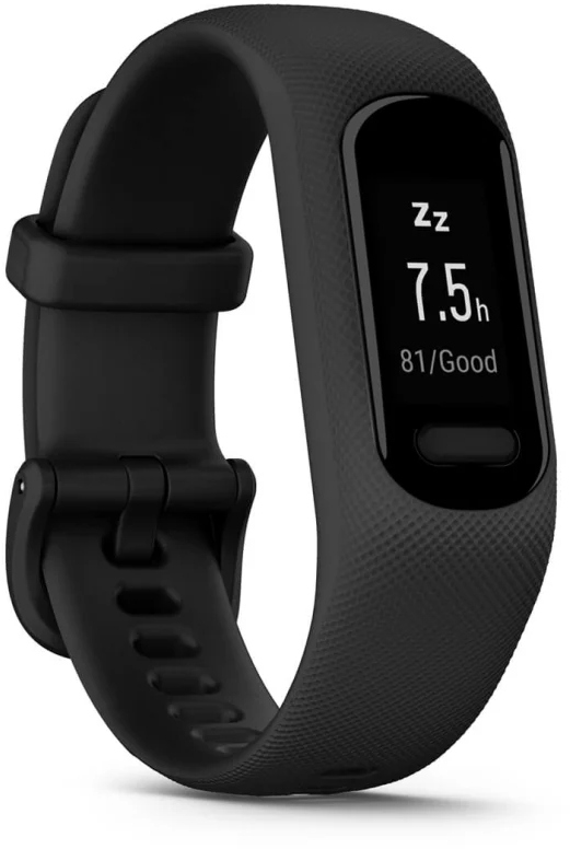 Tracker de fitness noir affichant 7,5h de sommeil et 81/Bien sur l'écran.