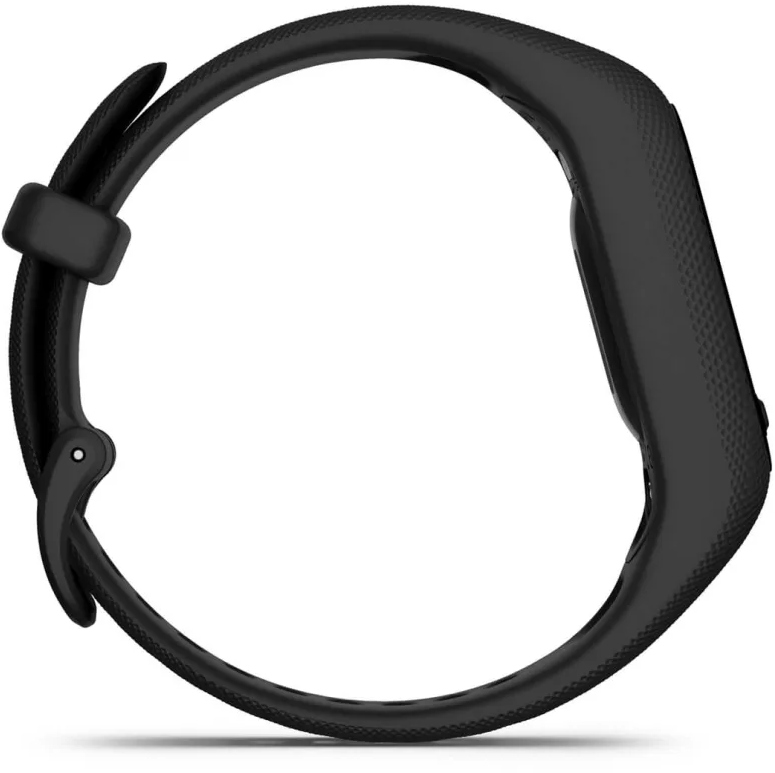Un tracker de fitness Garmin noir, vue latérale, formant une boucle, montrant le bracelet.