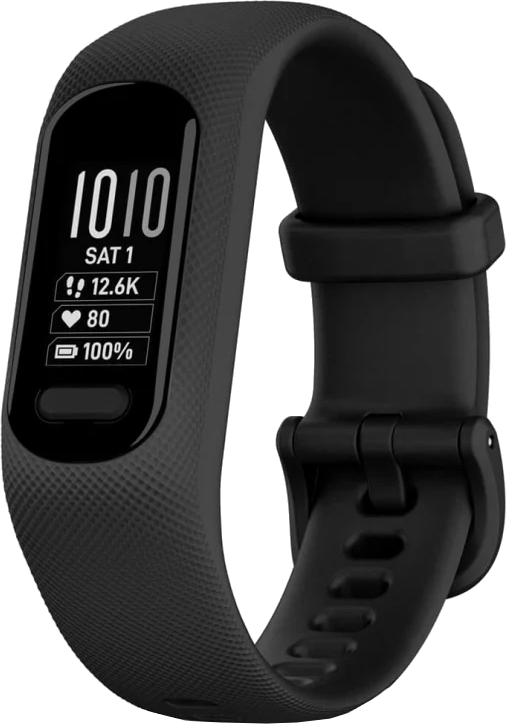 Tracker de fitness Garmin noir avec un écran affichant l'heure, la date, la fréquence cardiaque et la batterie.