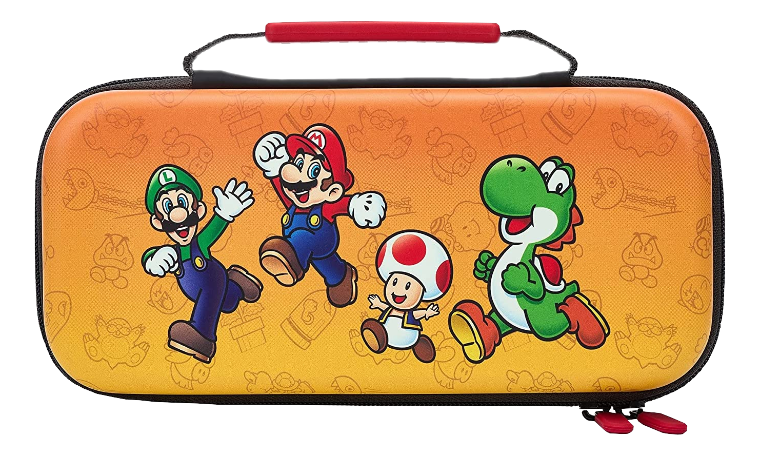 Une étui Nintendo Switch avec Mario, Luigi, Yoshi et Toad dessus.