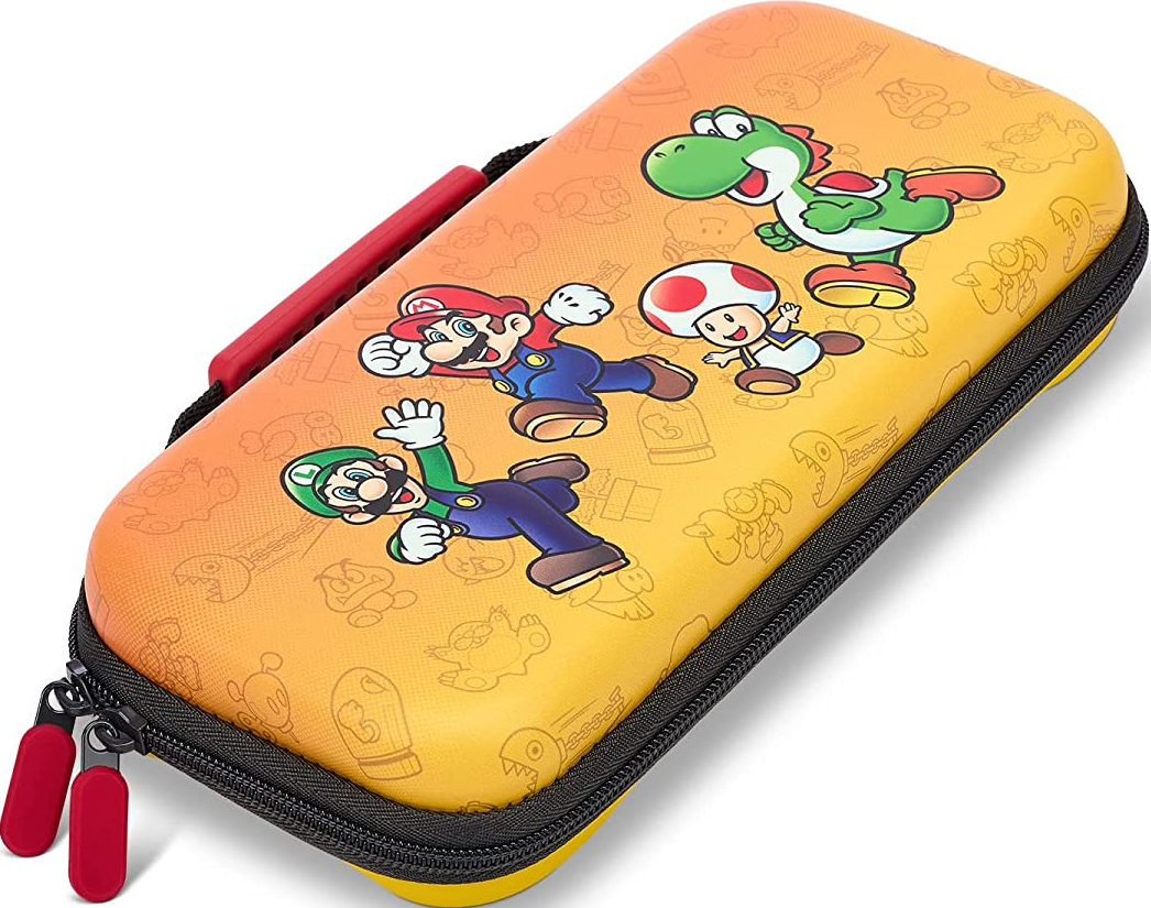 Étui Super Mario Switch avec Mario, Luigi, Yoshi et Toad. Jaune et orange.