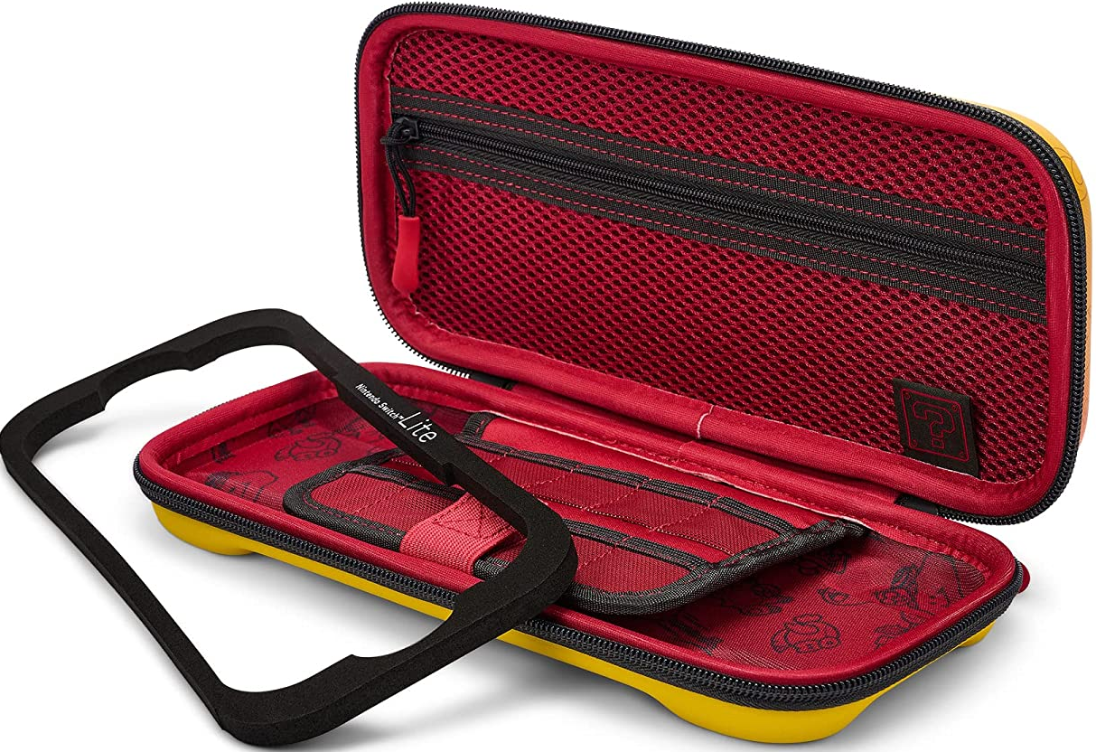 Une coque jaune pour Nintendo Switch Lite avec intérieur rouge et cadre noir.