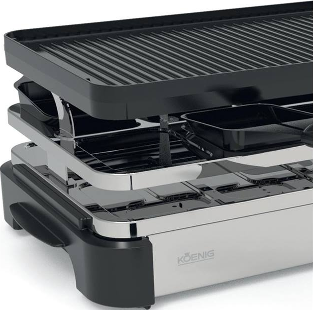 Griglia raclette nera e argento con piano scanalato, vassoi e base riscaldante.