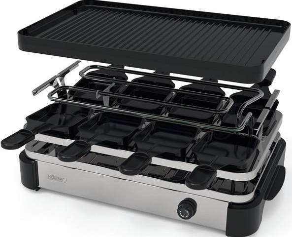 Una griglia per raclette con superfici di cottura nere, elemento riscaldante in metallo e base argentata.