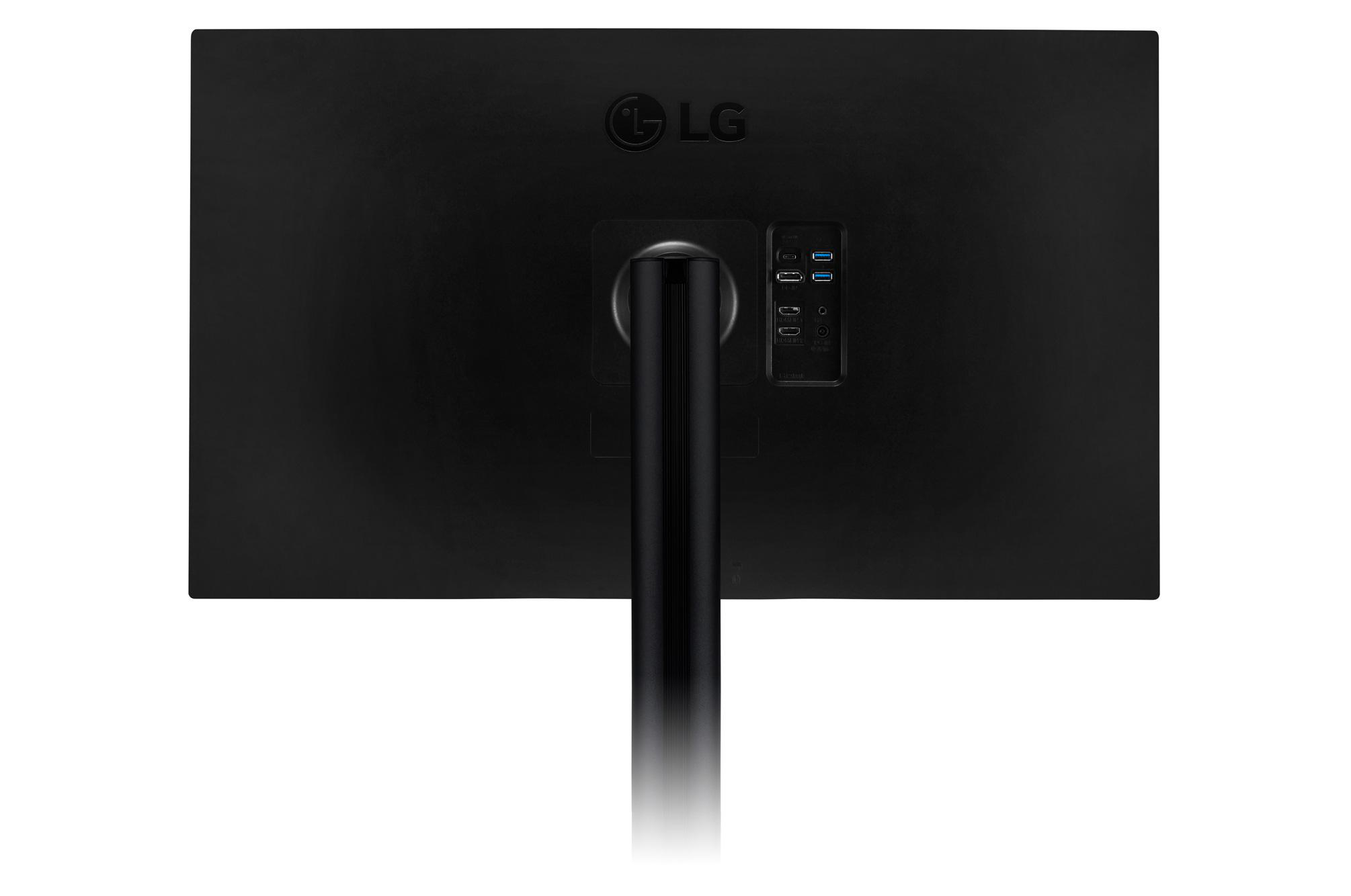 Rückseite eines schwarzen Computermonitors. Enthält USB-Anschlüsse, HDMI-Anschluss und einen Ständeranschluss.