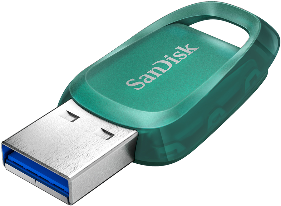 Groene en transparante USB-stick met het SanDisk-logo, geïsoleerd op wit.