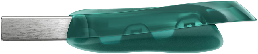 Green USB-C flash drive with a transparent plastic cover slightly open.