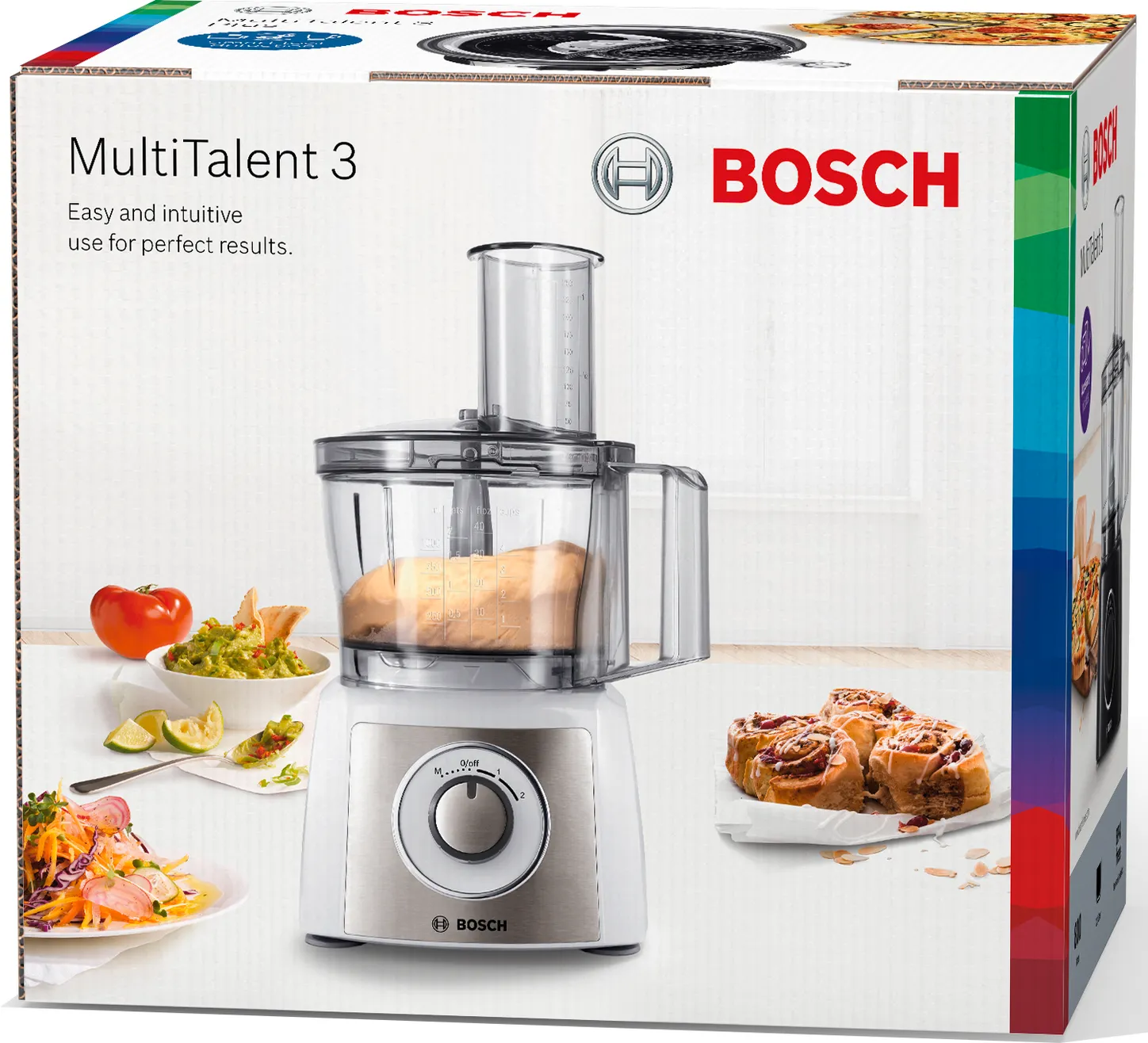 Egy Bosch MultiTalent 3 konyhai robotgép doboza. A dobozon ételek és a robotgép képei láthatók.