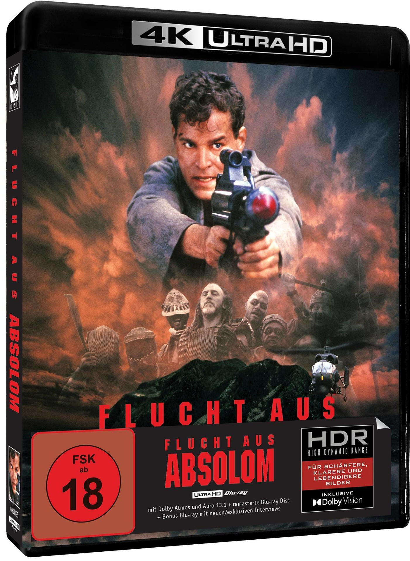 Filmcover 'Flucht aus Absolom' mit einem Mann, der eine Waffe hält.