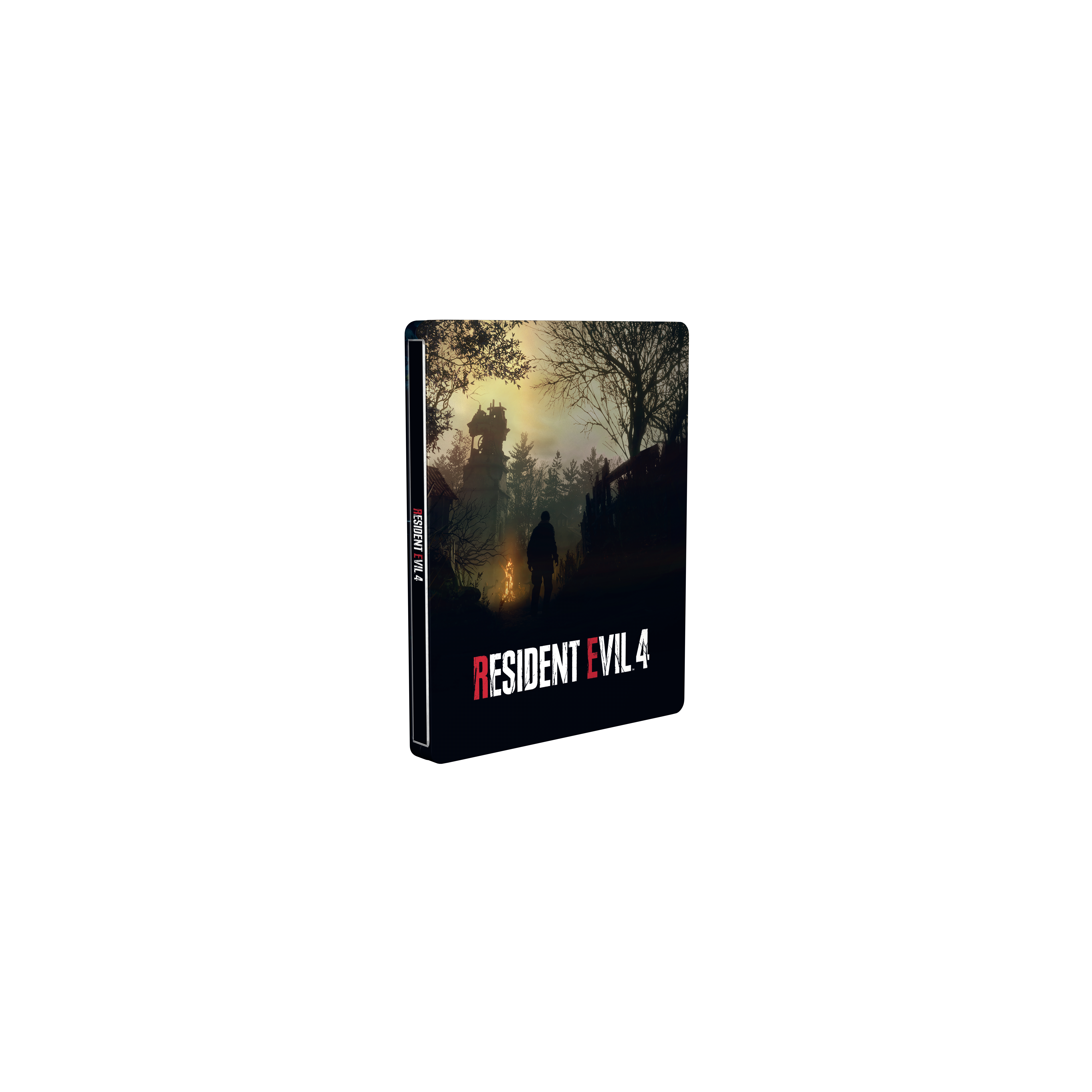 Caja del juego Resident Evil 4 en la oscuridad. La portada muestra silueta y título.