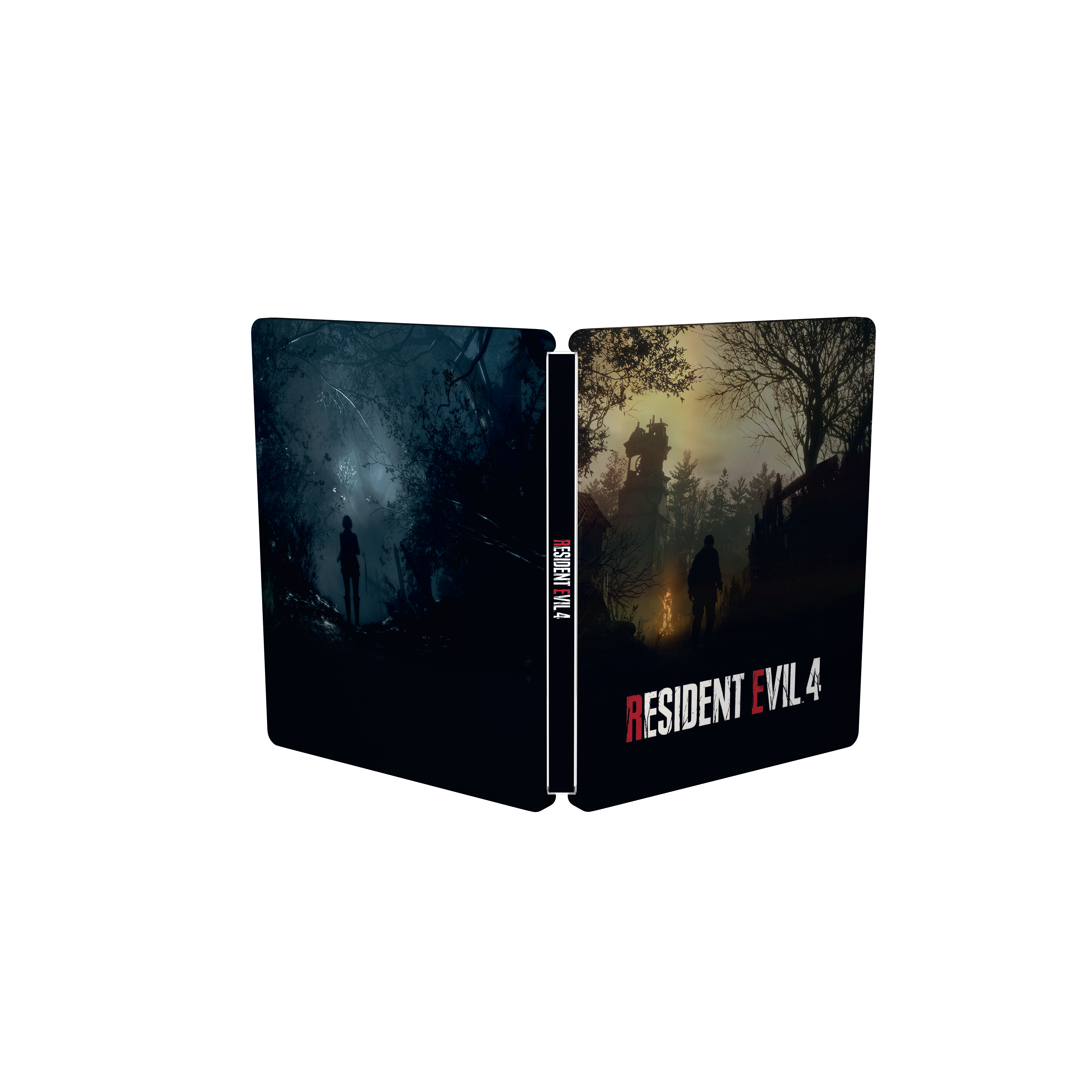 Estuche steelbook abierto de Resident Evil 4. Escena oscura de bosque a la izquierda. Silueta de una persona.