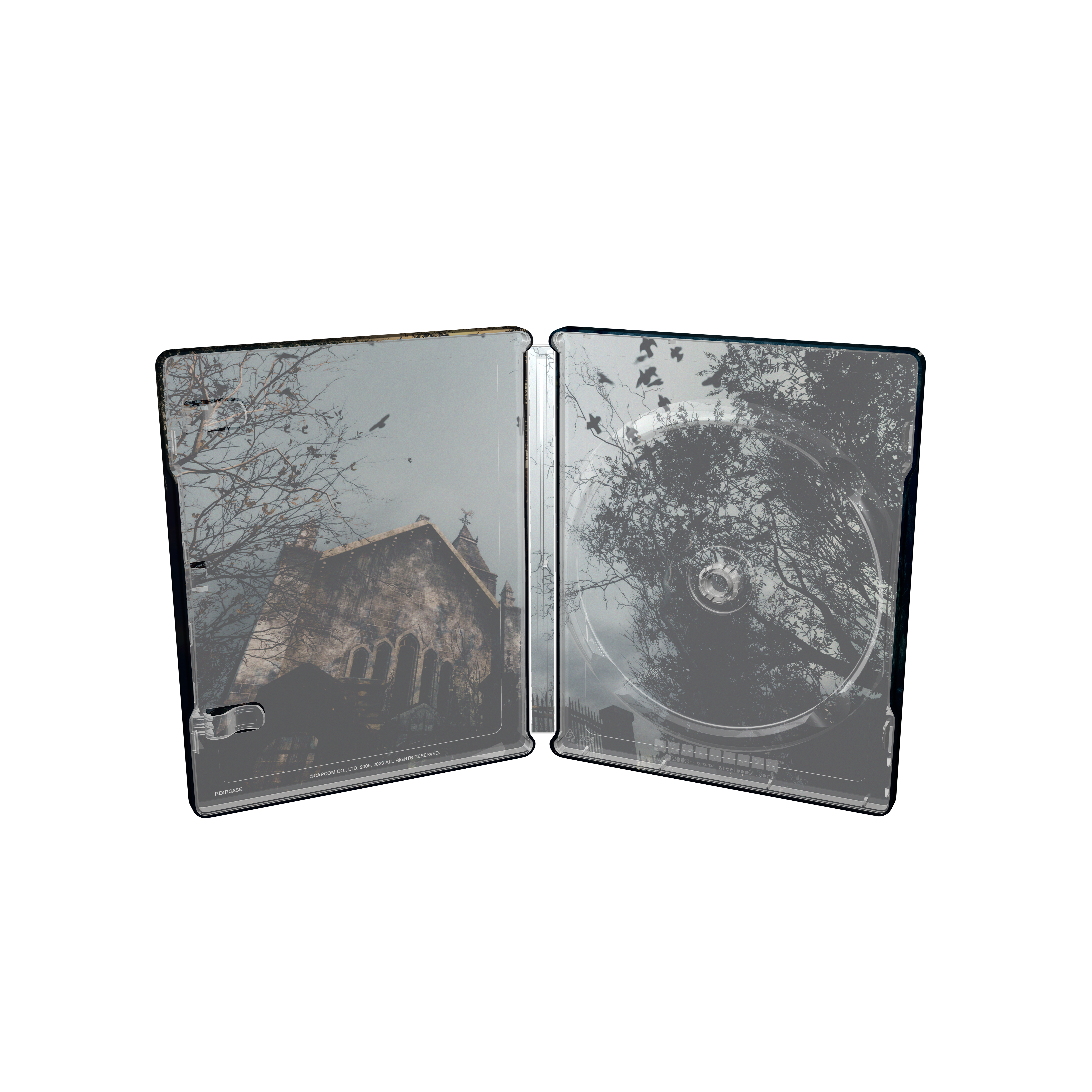 Funda de DVD abierta con imagen de iglesia dentro. Un árbol y pájaros visibles a través de la funda.
