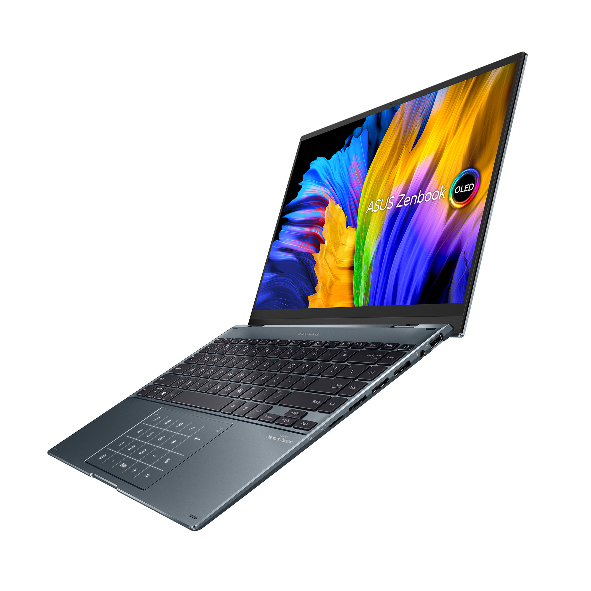 Portátil Asus Zenbook, abierto, vista en ángulo. La pantalla muestra un diseño colorido. Fondo blanco.
