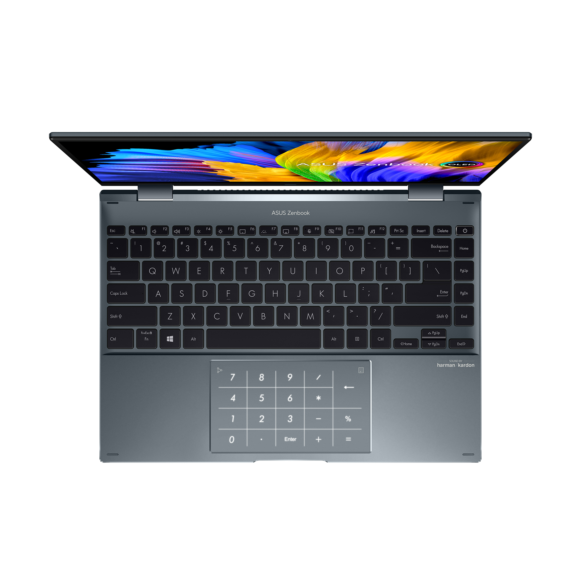 Ordenador portátil, abierto, vista superior. Teclado visible, panel táctil debajo. Pantalla gráfica.