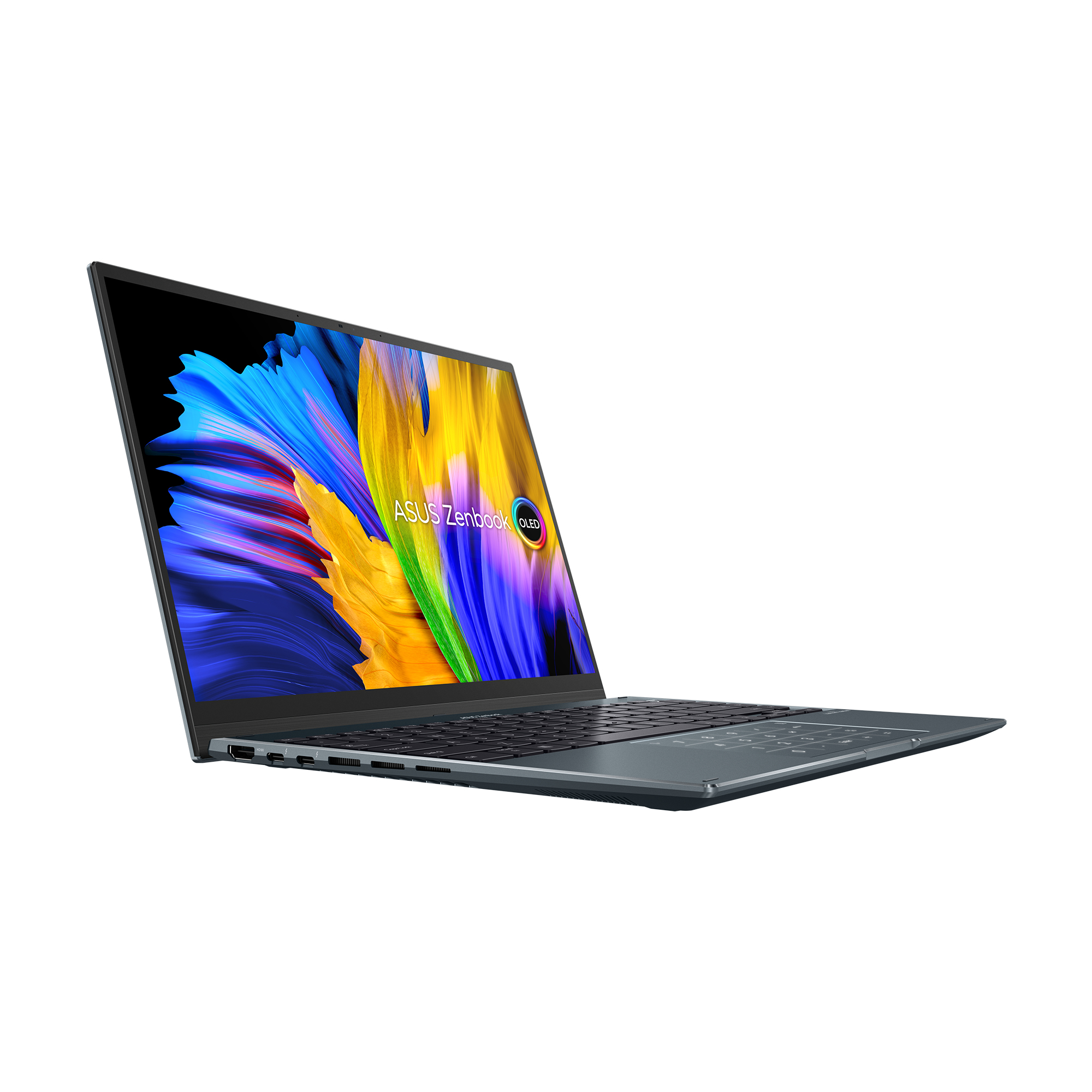 Laptop Asus Zenbook abierto, pantalla colorida, fondo blanco.