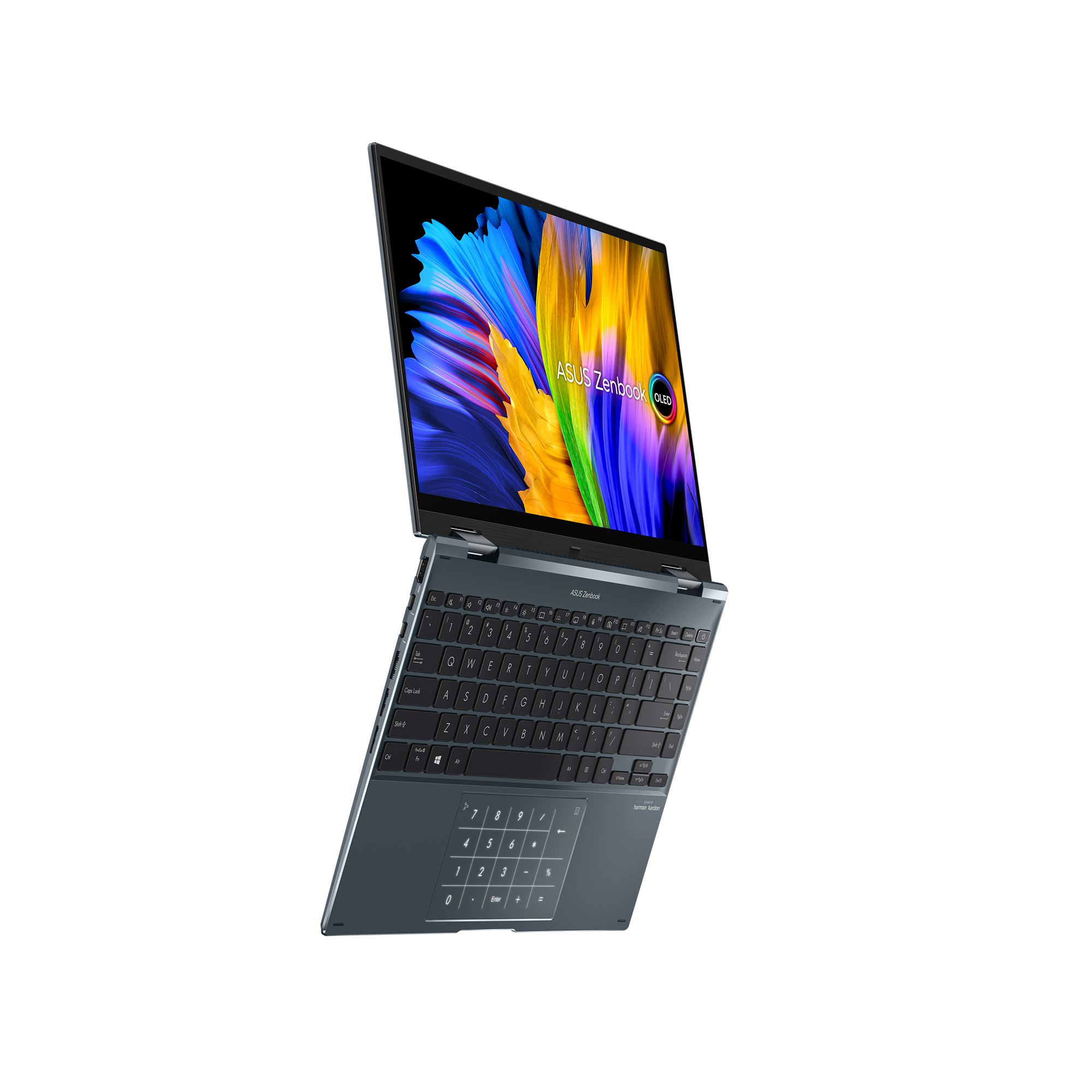 Laptop Asus Zenbook abierto en ángulo, mostrando el teclado y la pantalla con imagen.