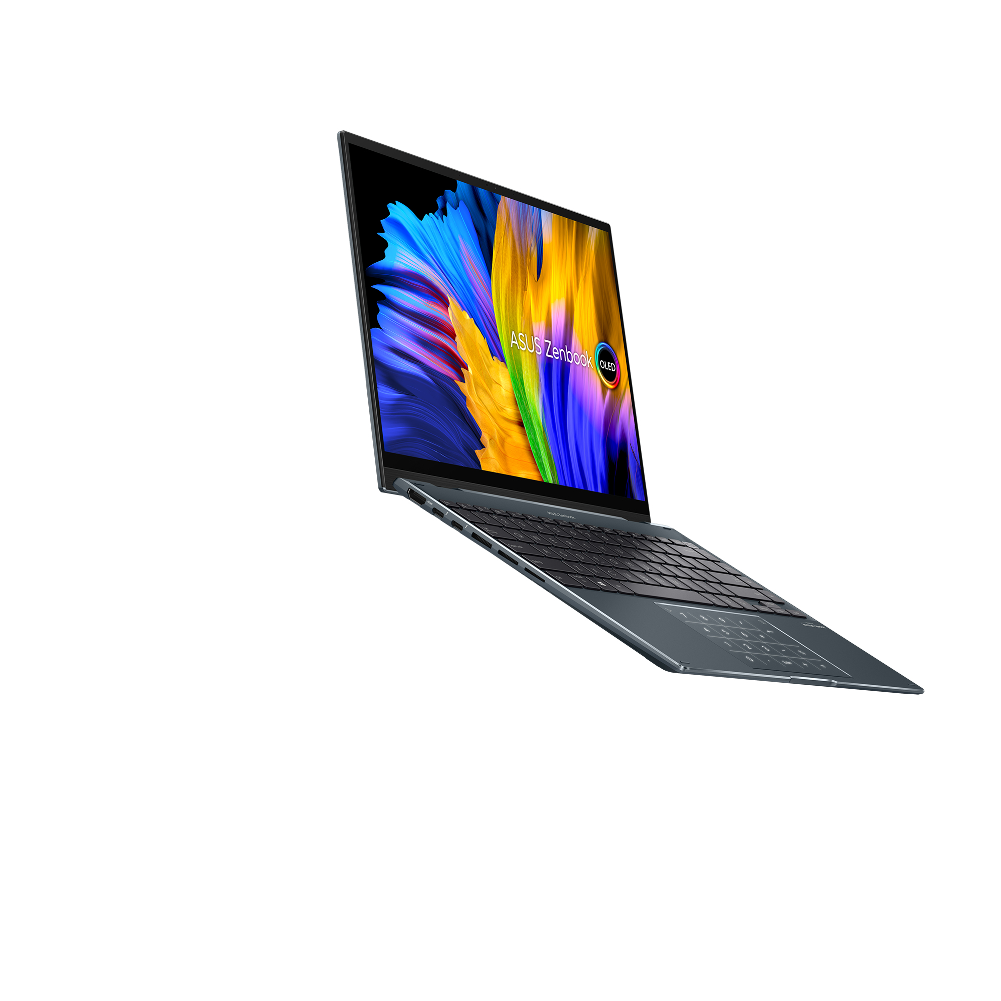 Una laptop ASUS Zenbook OLED abierta, mostrando gráficos coloridos sobre un fondo blanco.