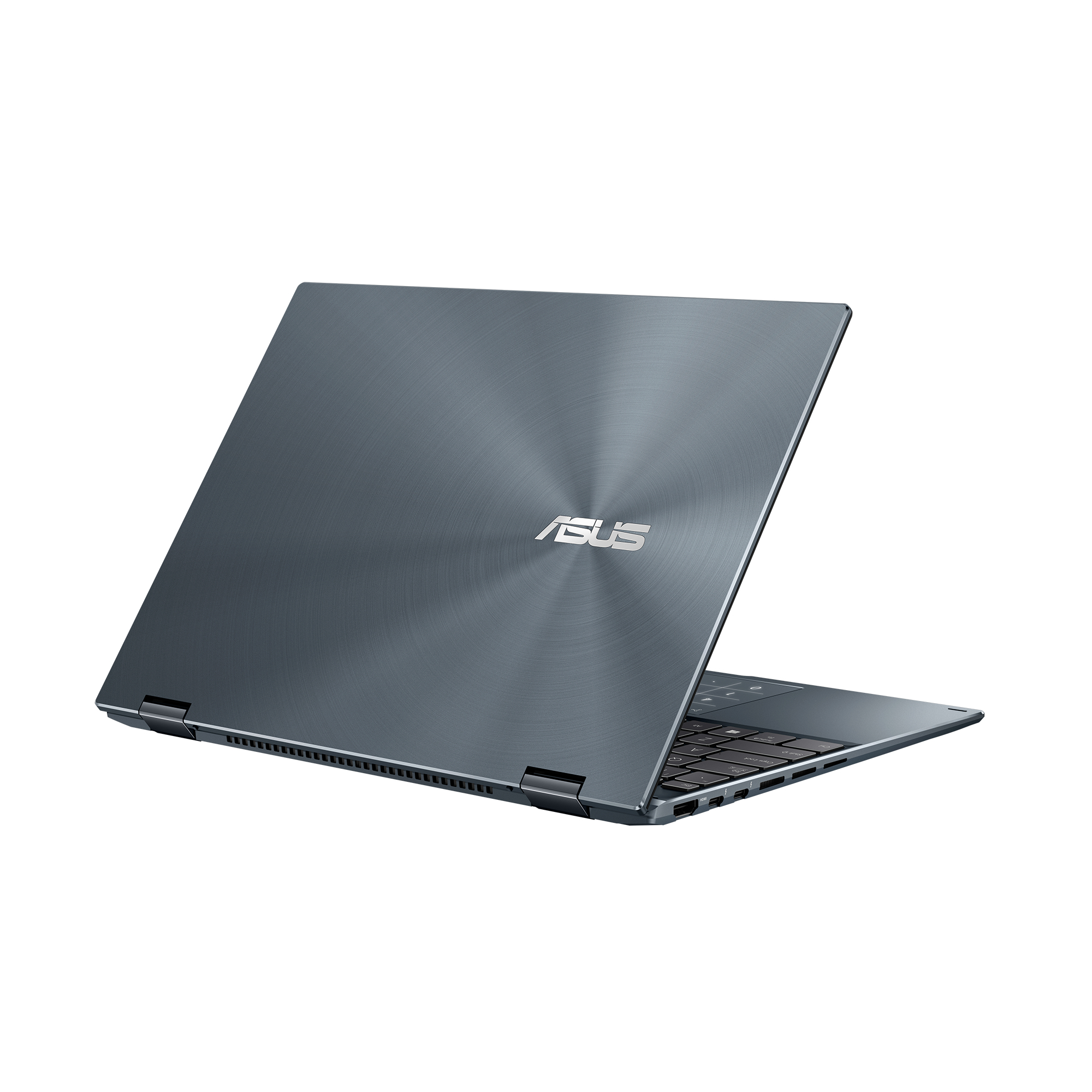 Parte trasera de portátil azul grisáceo con logotipo de ASUS. El portátil está abierto, mostrando el teclado y una pequeña parte de la pantalla.