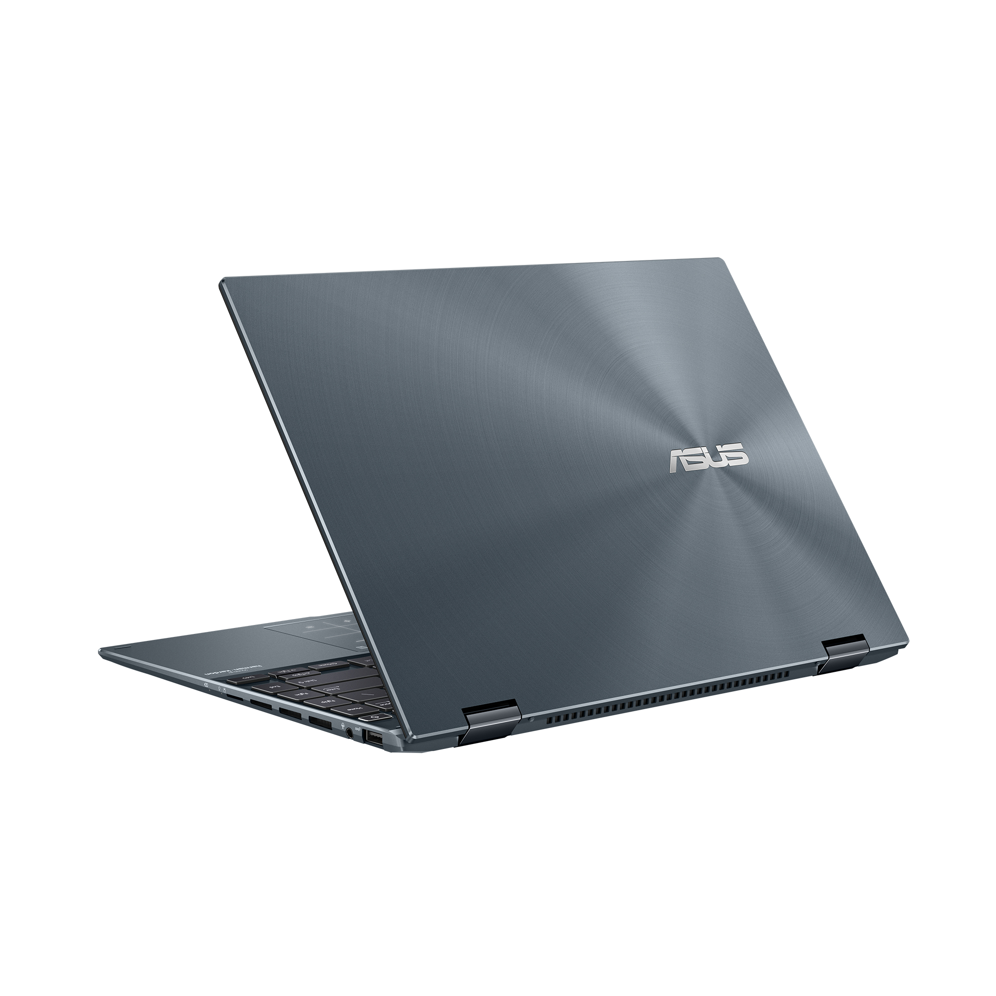 Un portátil ASUS Zenbook azul oscuro, abierto y en ángulo, sobre un fondo blanco.