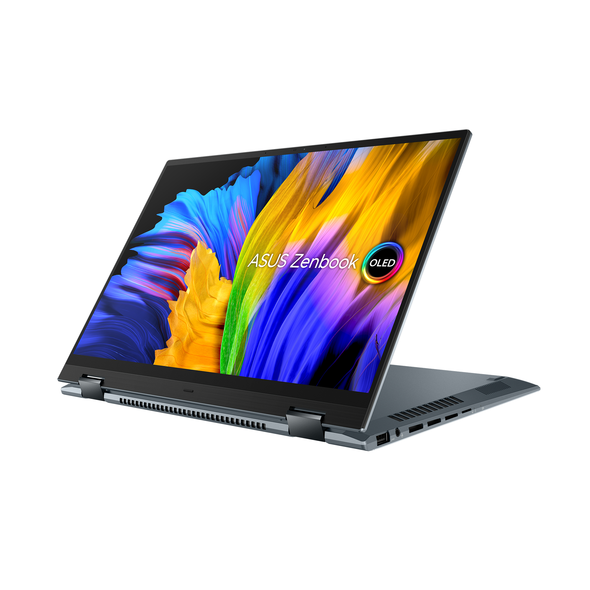 Una laptop plateada con pantalla OLED, la pantalla está abierta en ángulo. Muestra colores.