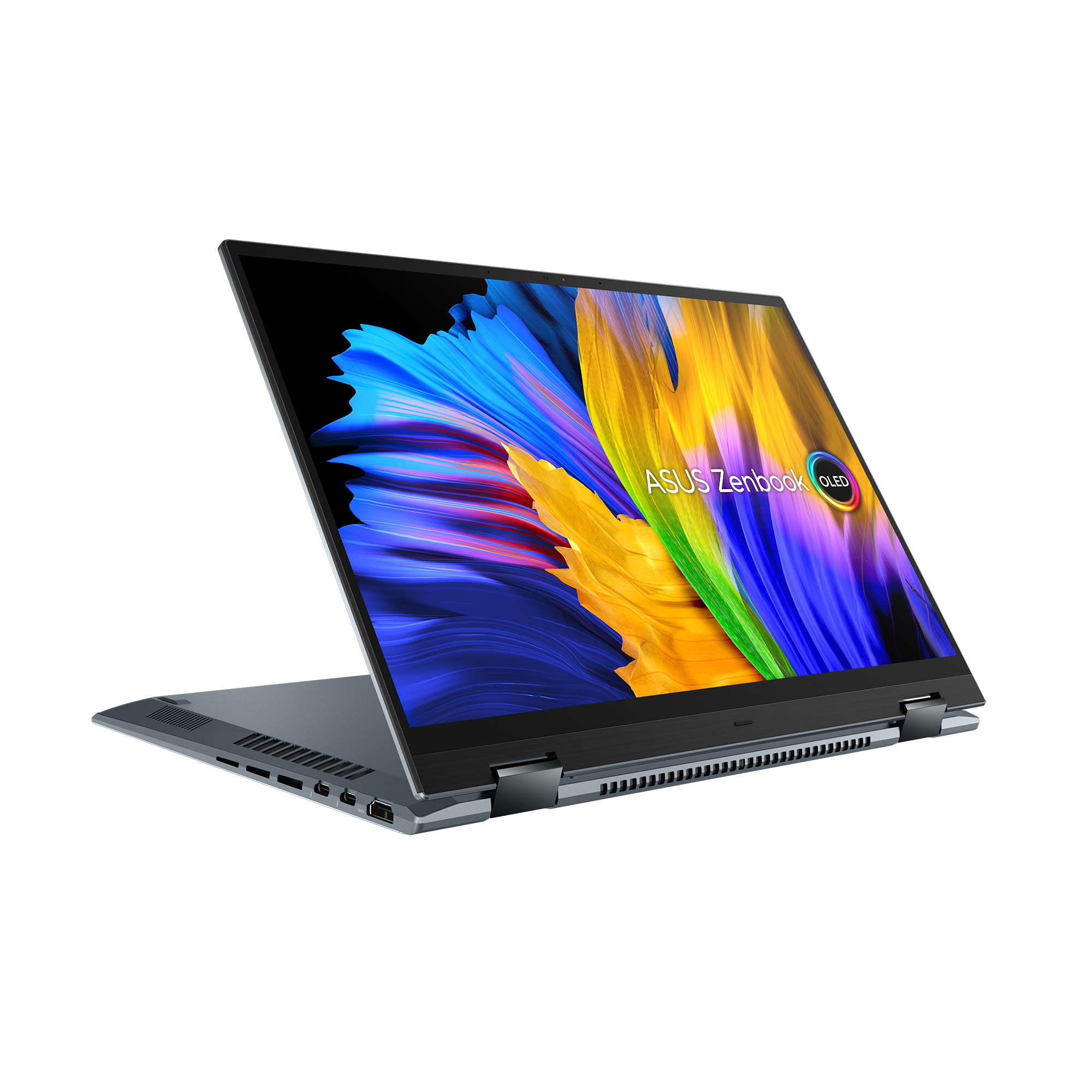Un portátil abierto con una pantalla colorida, mostrando el logo ASUS Zenbook.