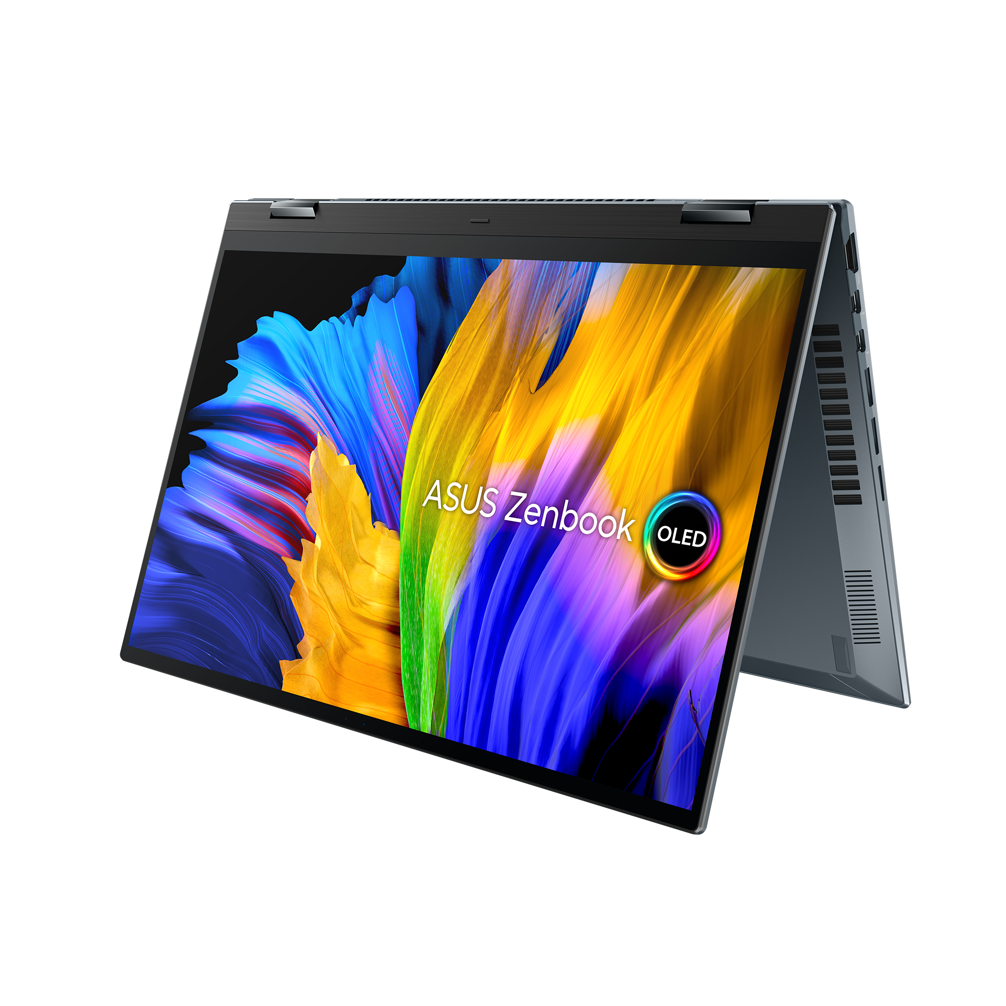 Portátil Asus Zenbook, abierto, con pantalla OLED que muestra gráficos coloridos. Fondo blanco.