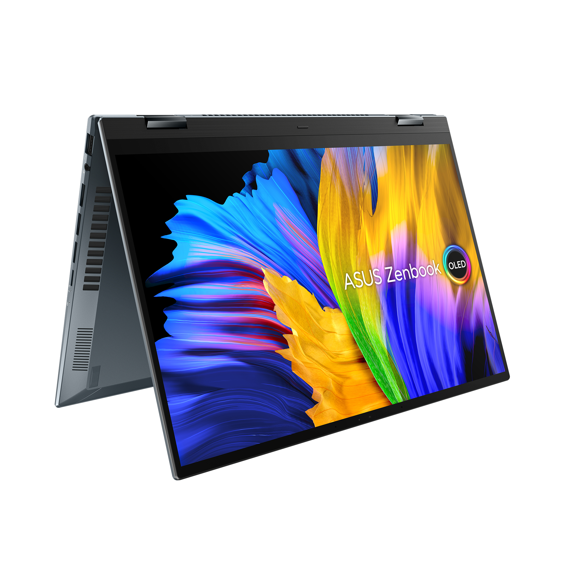 Ordenador portátil abierto con pantalla colorida. Logotipo ASUS Zenbook visible. Fondo blanco.