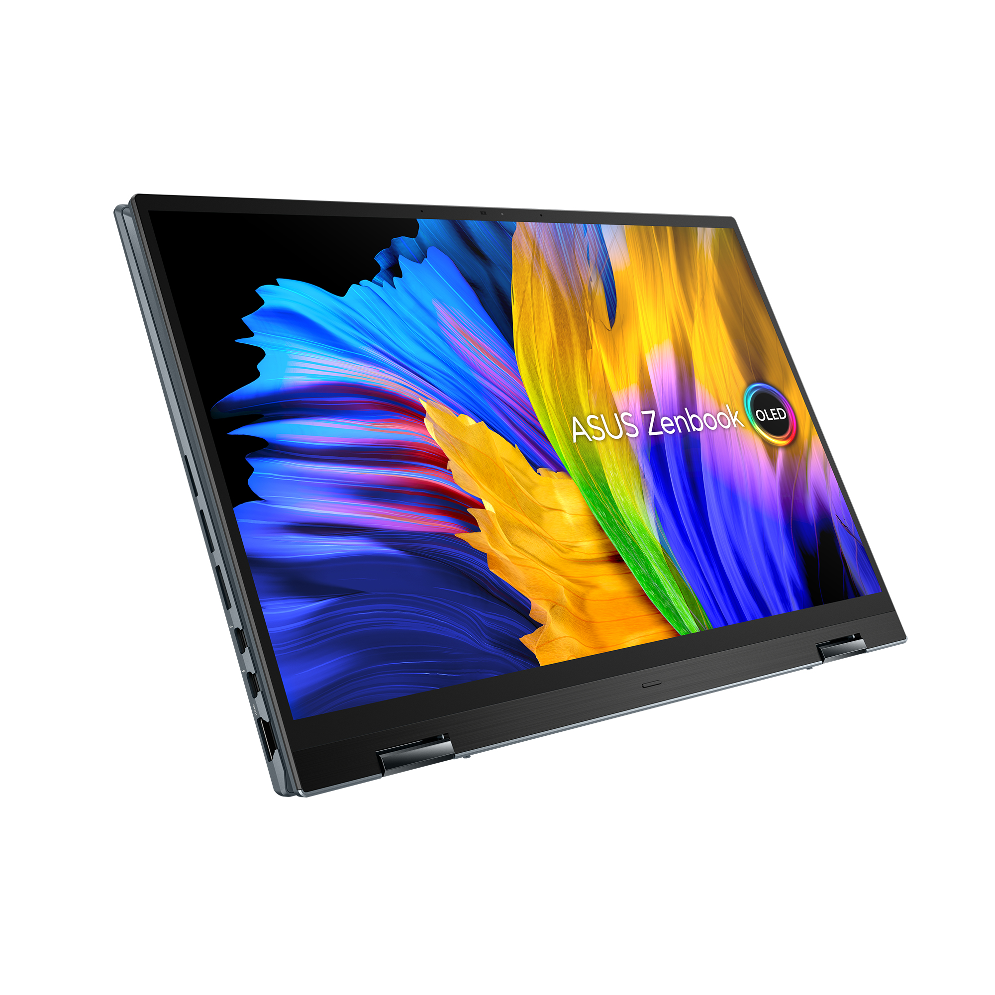 Un portátil con pantalla colorida, titulado ASUS Zenbook OLED, vista en ángulo.