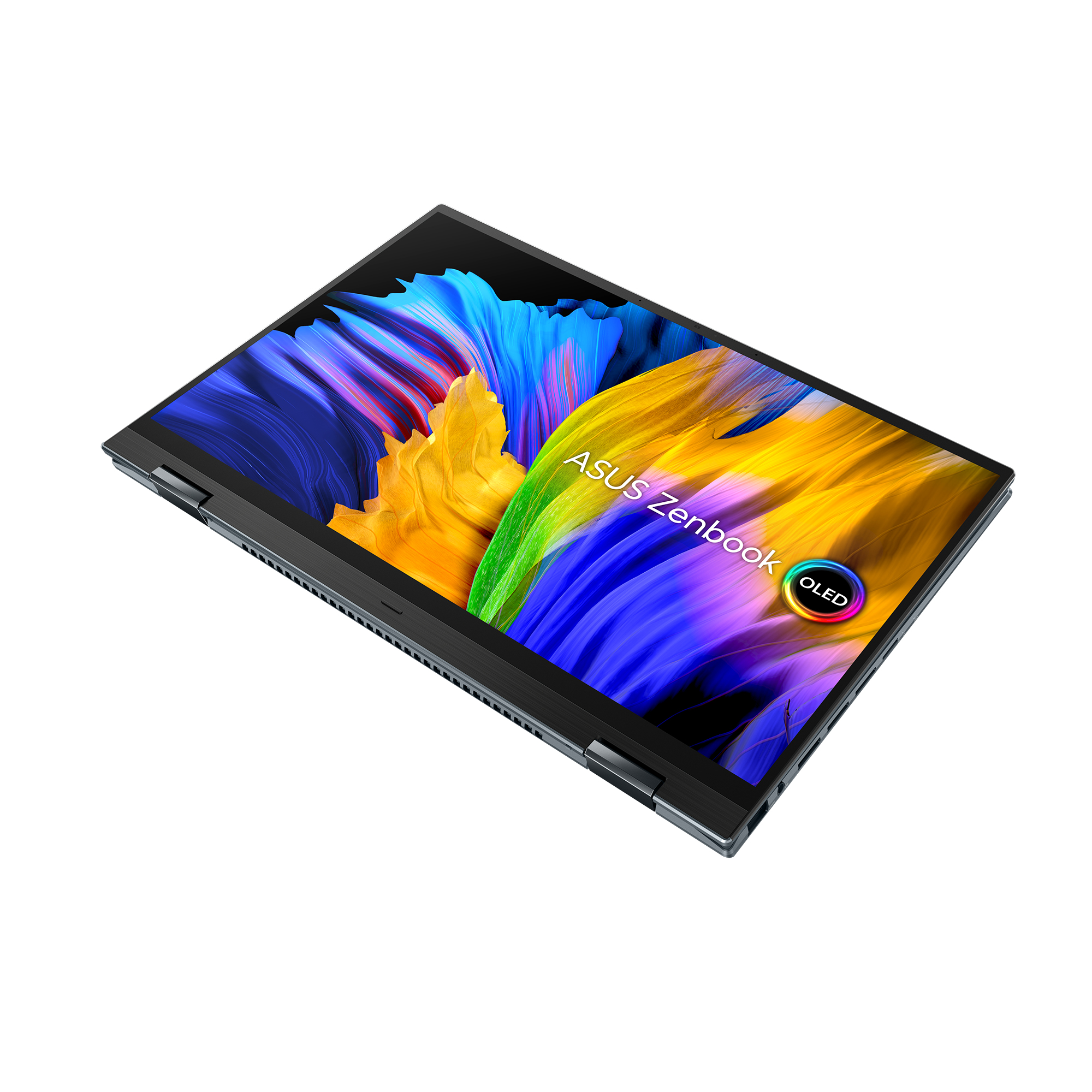 Un portátil con pantalla OLED y el logotipo de ASUS Zenbook.