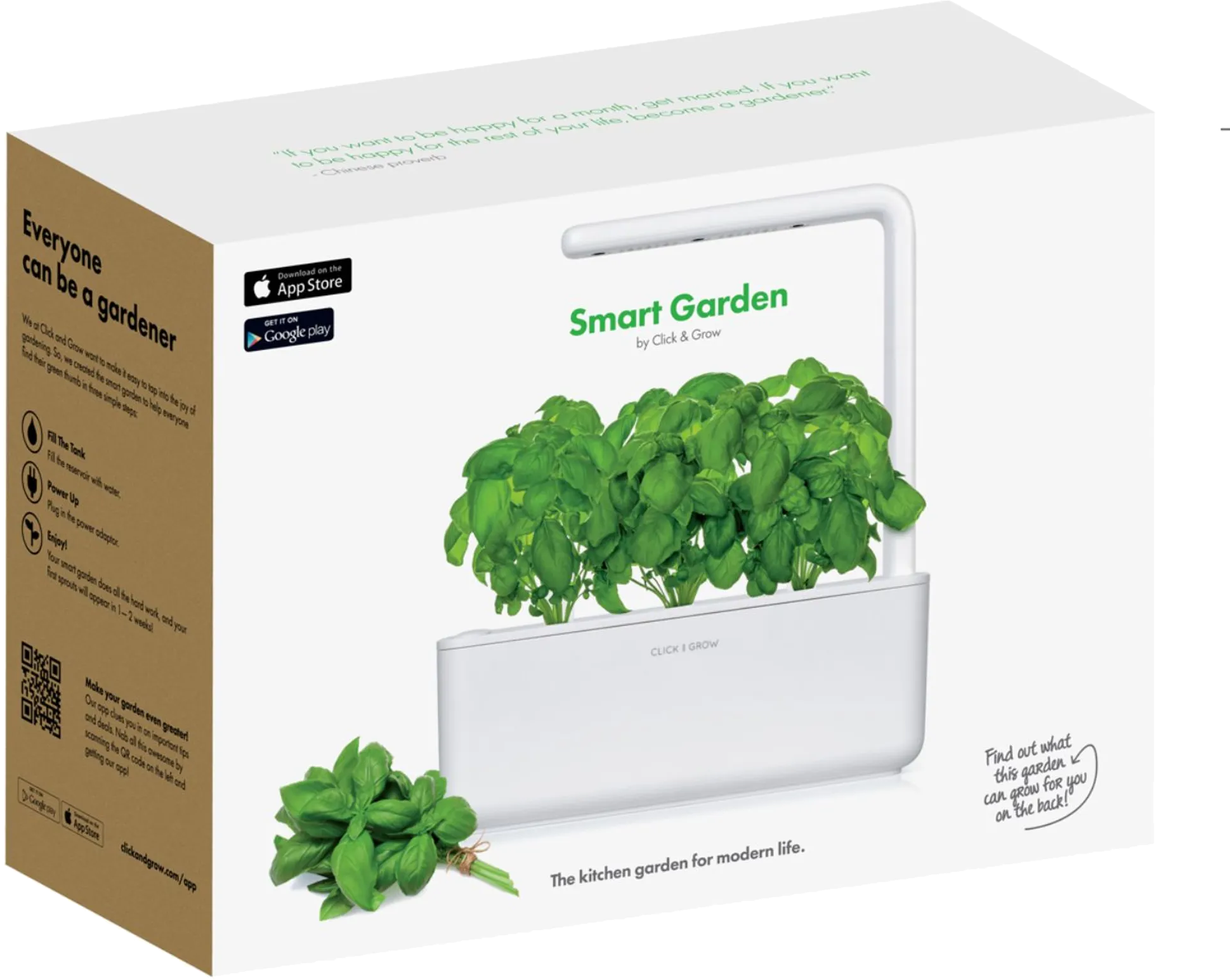 Egy fehér okos kerti doboz zöld növényekkel és szöveggel. Azt írja: 'Smart Garden by Click & Grow'.