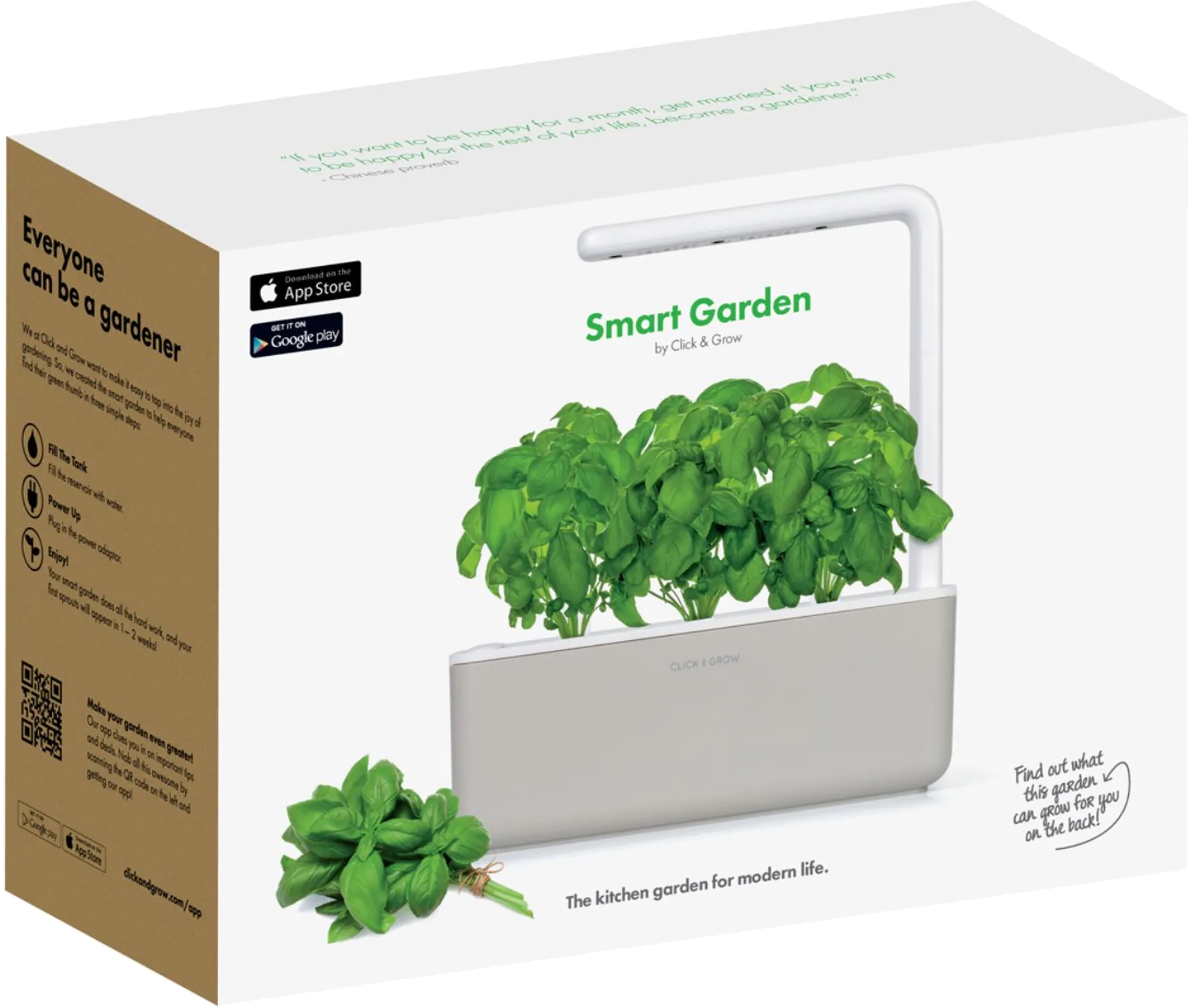 Dobozos Smart Garden bazsalikommal. A szöveg tartalmazza: 'Mindenki lehet kertész' és a 'Click & Grow'.