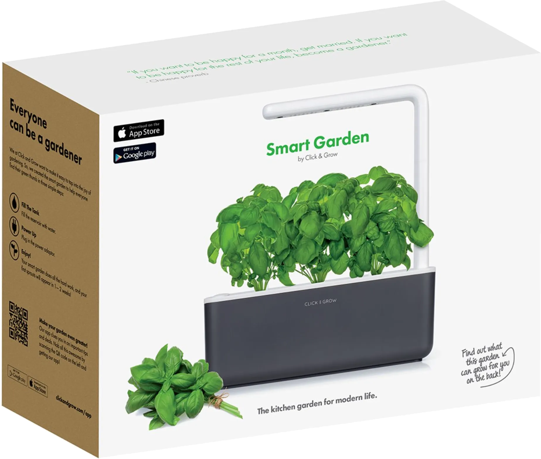 Egy Smart Garden doboz bazsalikom növényekkel. A doboz fekete, a növények zöldek. A szöveg tartalmazza a 'Smart Garden by Click & Grow' feliratot.