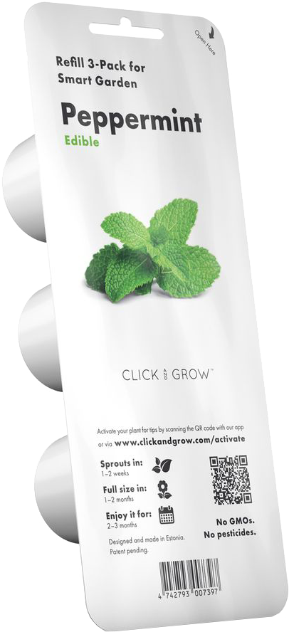Borsmenta utántöltő csomag menta levelekkel fehér háttéren. A szöveg tartalmazza az 'Edible' és a 'Click & Grow' szavakat.